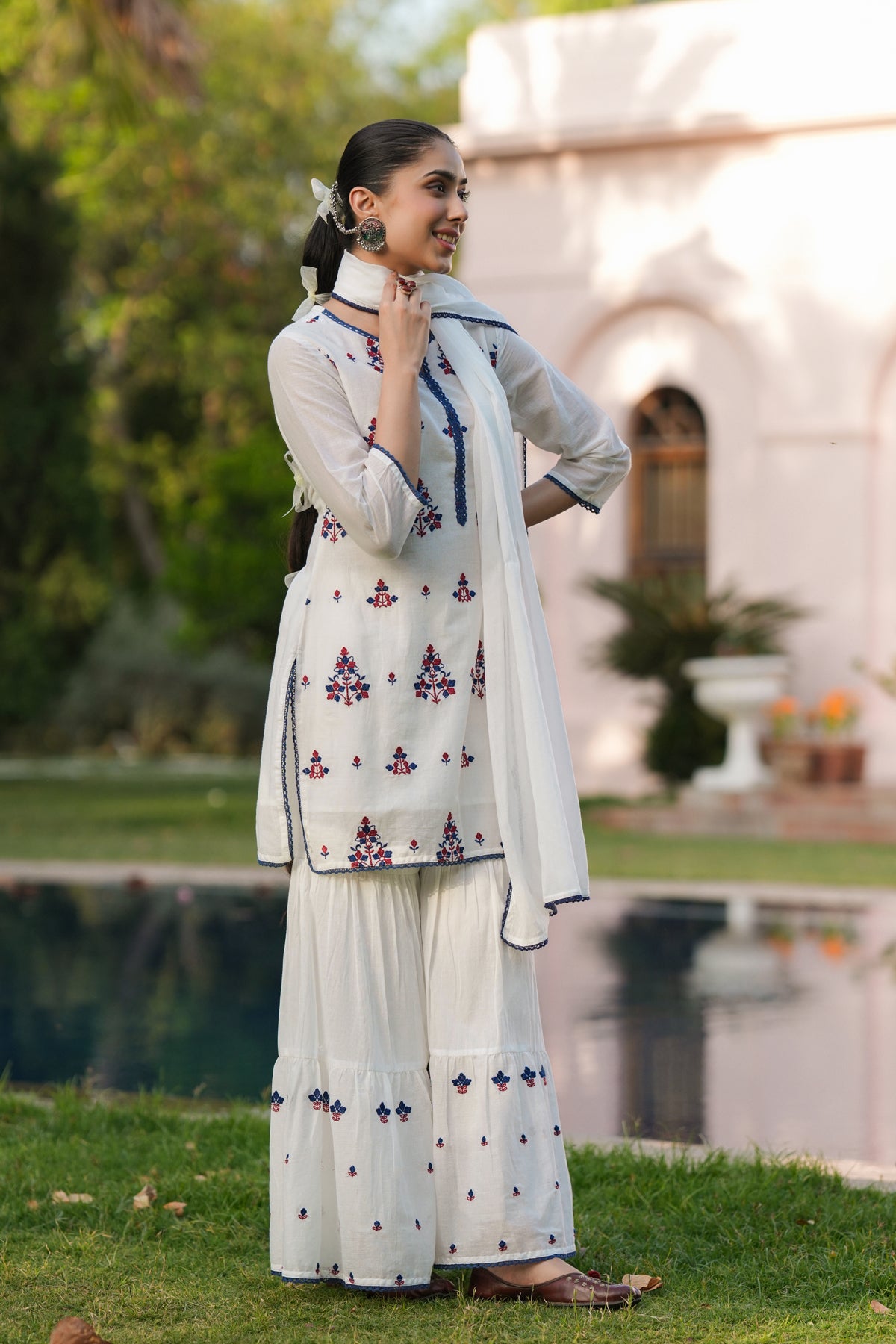 White Mulmul Embroidered Sharara Set