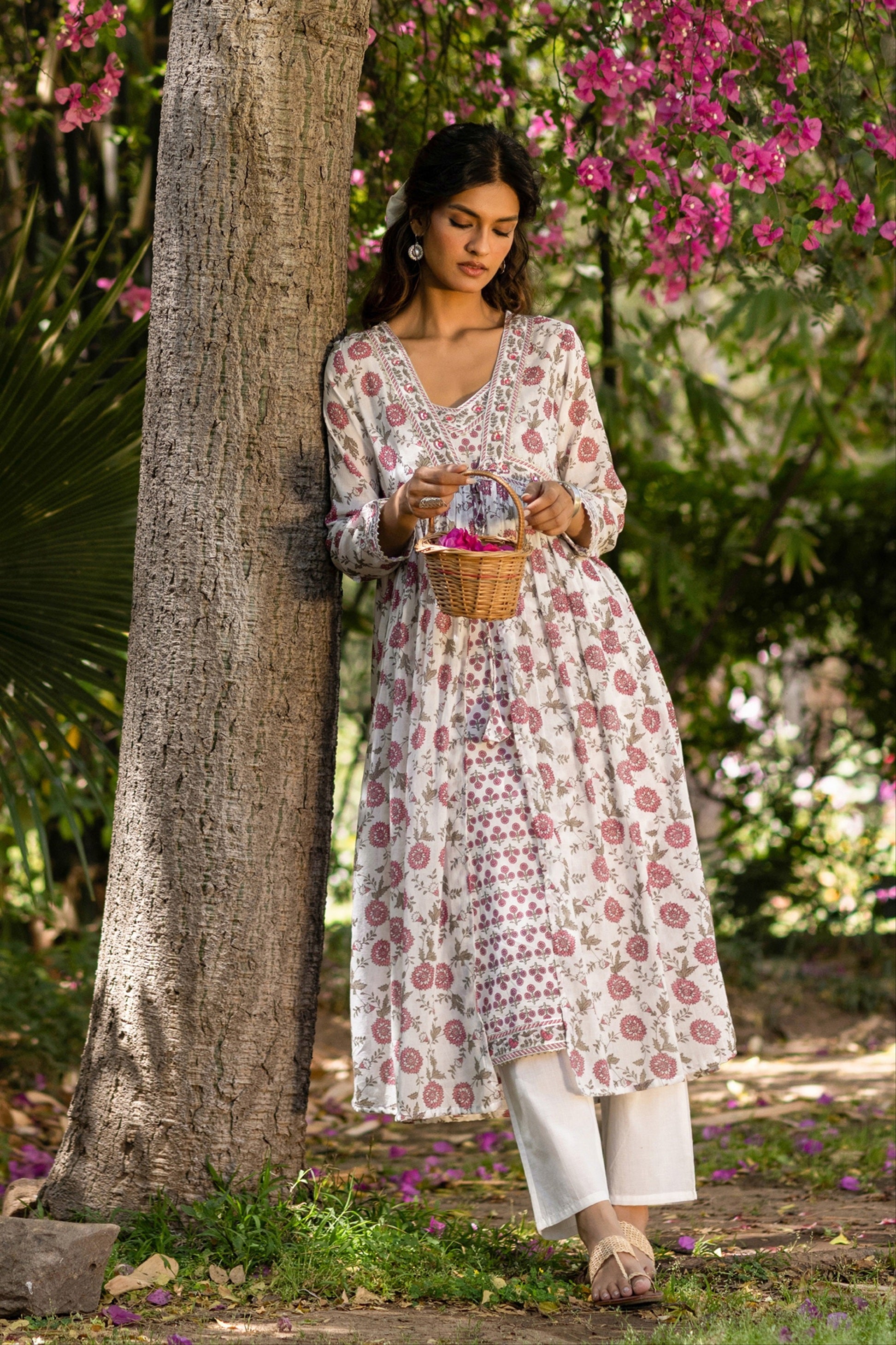 Fuchsia Cotton Mulmul Block-Printed Shrug, Kurta & Pant Set
