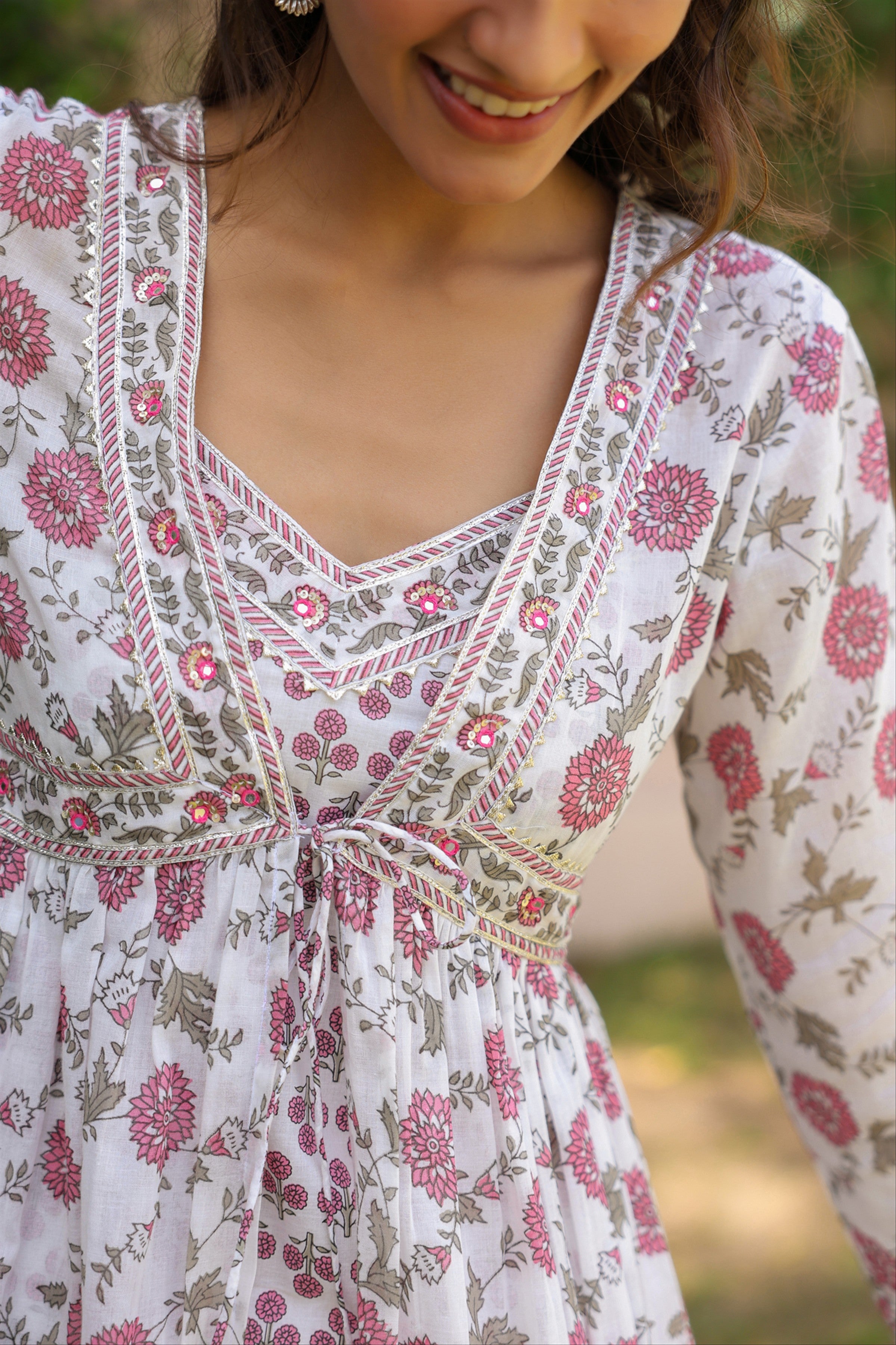 Fuchsia Cotton Mulmul Block-Printed Shrug, Kurta & Pant Set