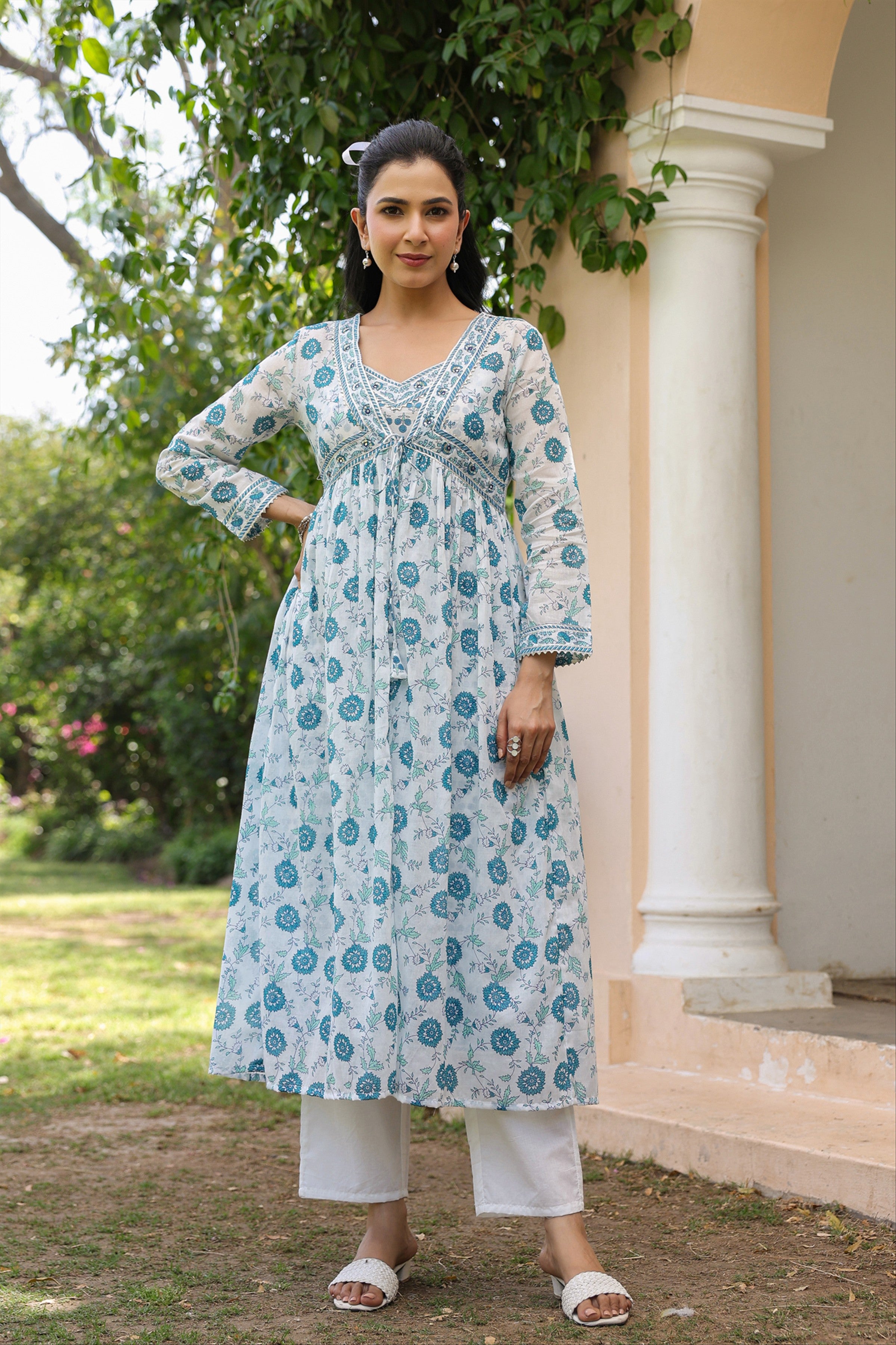 Teal Cotton Mulmul Block-Printed Shrug, Kurta & Pant Set