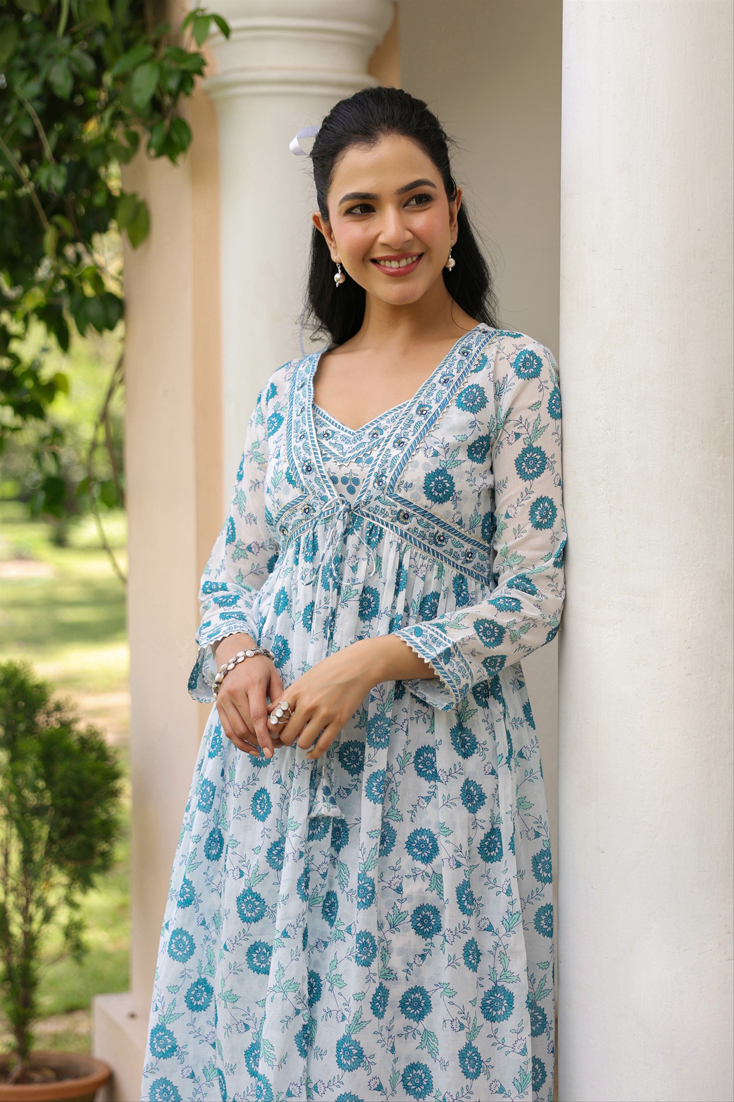 Teal Cotton Mulmul Block-Printed Shrug, Kurta & Pant Set
