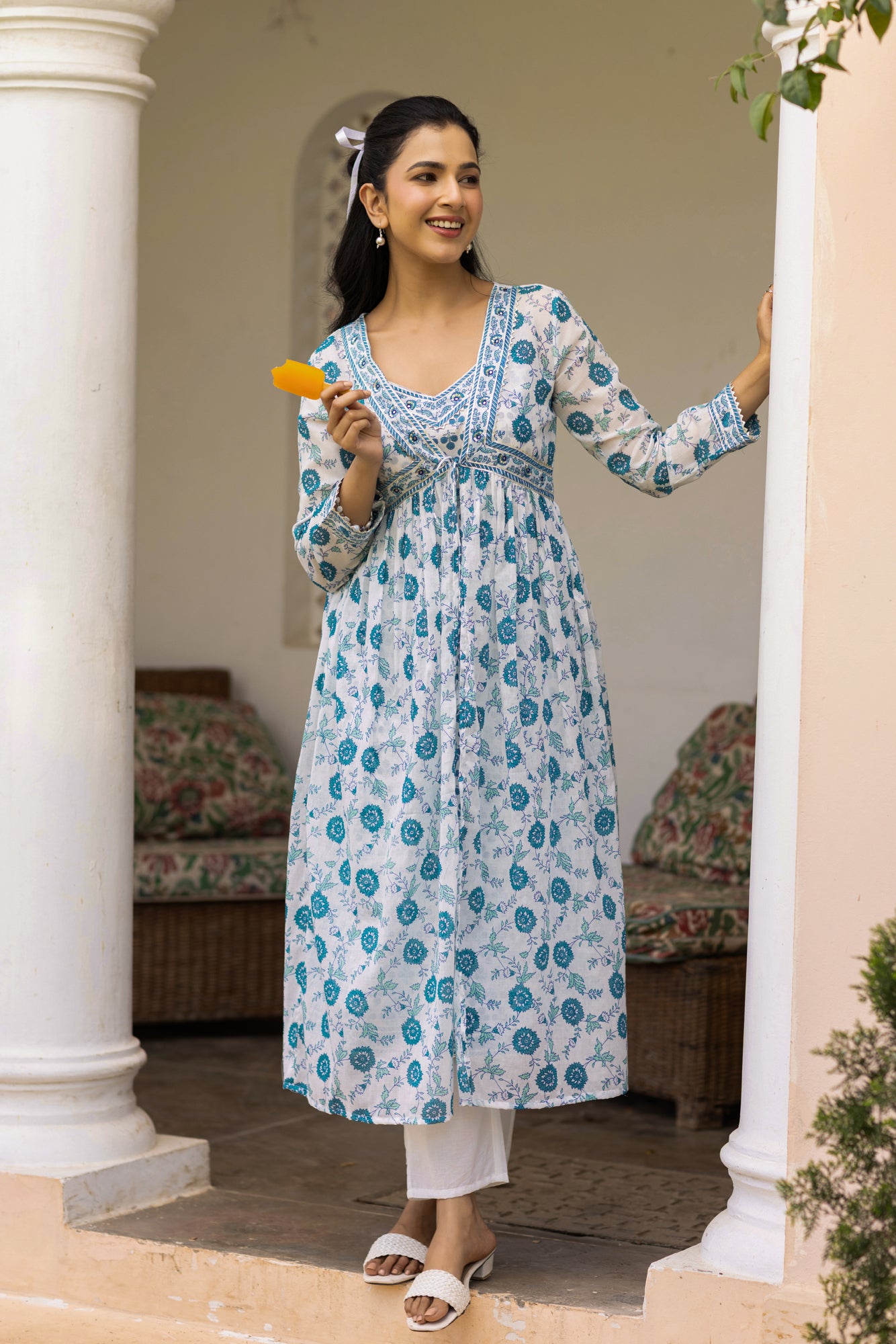 Teal Cotton Mulmul Block-Printed Shrug, Kurta & Pant Set