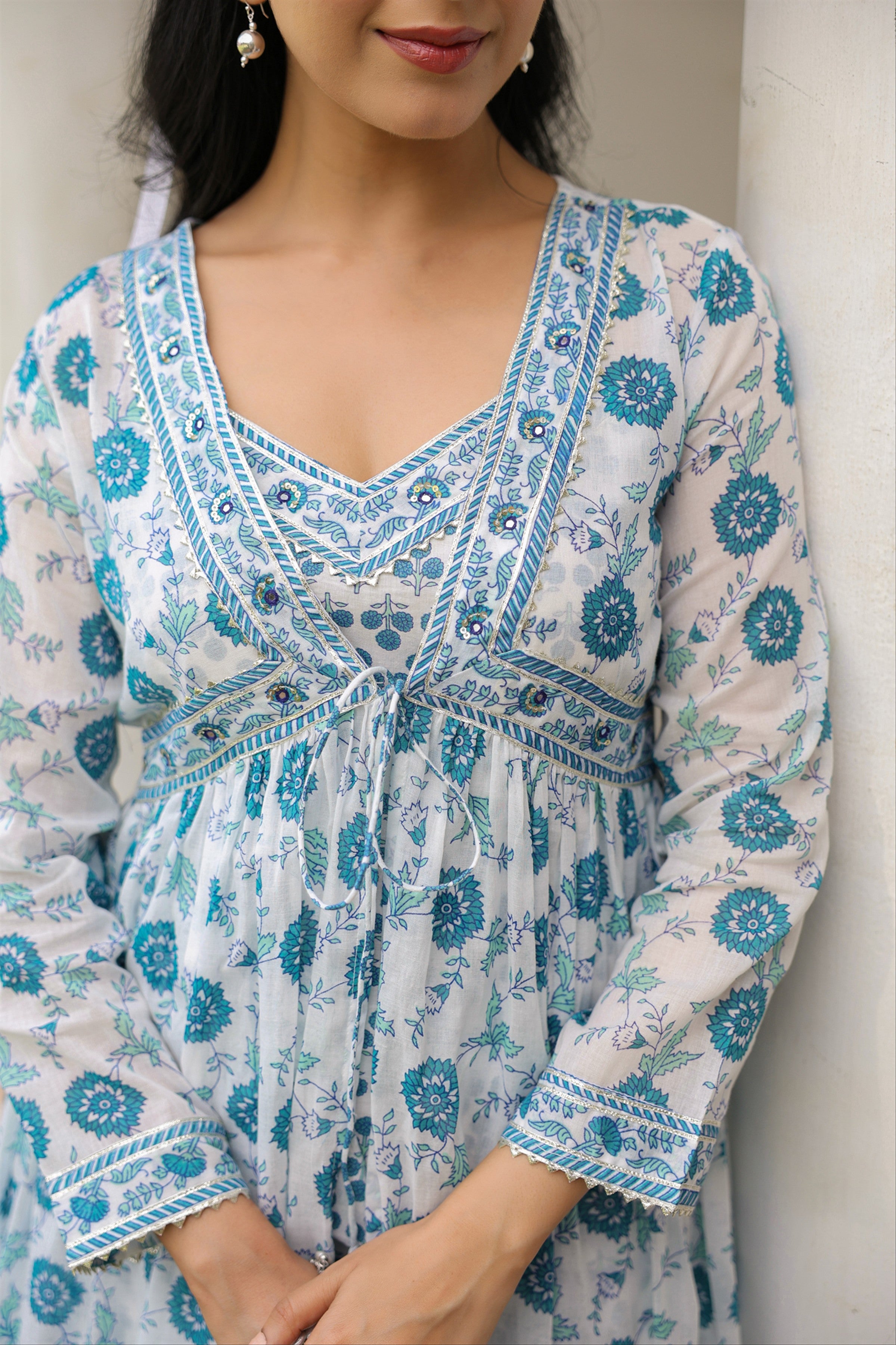 Teal Cotton Mulmul Block-Printed Shrug, Kurta & Pant Set