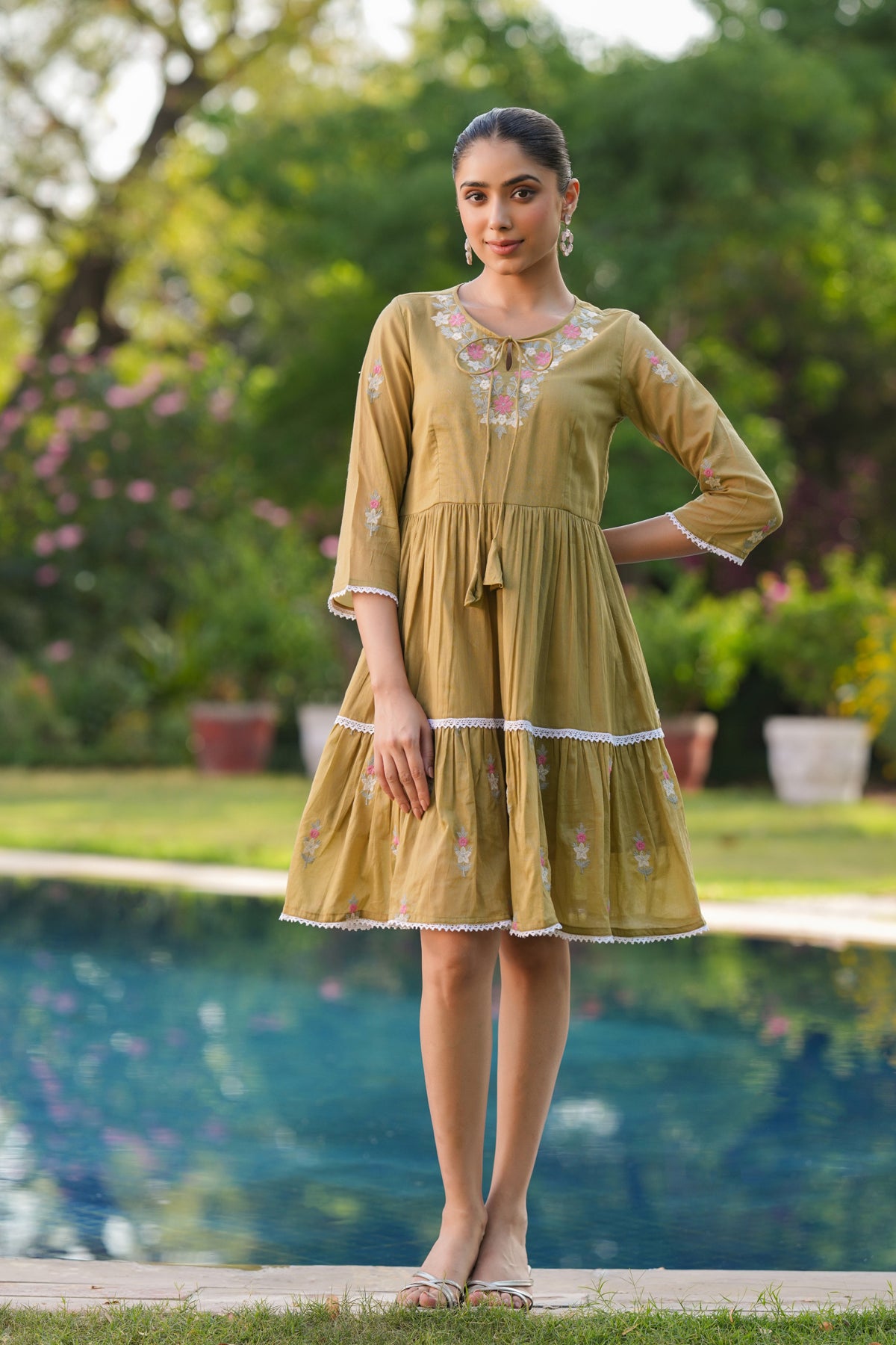 Olive Cotton Mulmul Embroidered Midi Dress