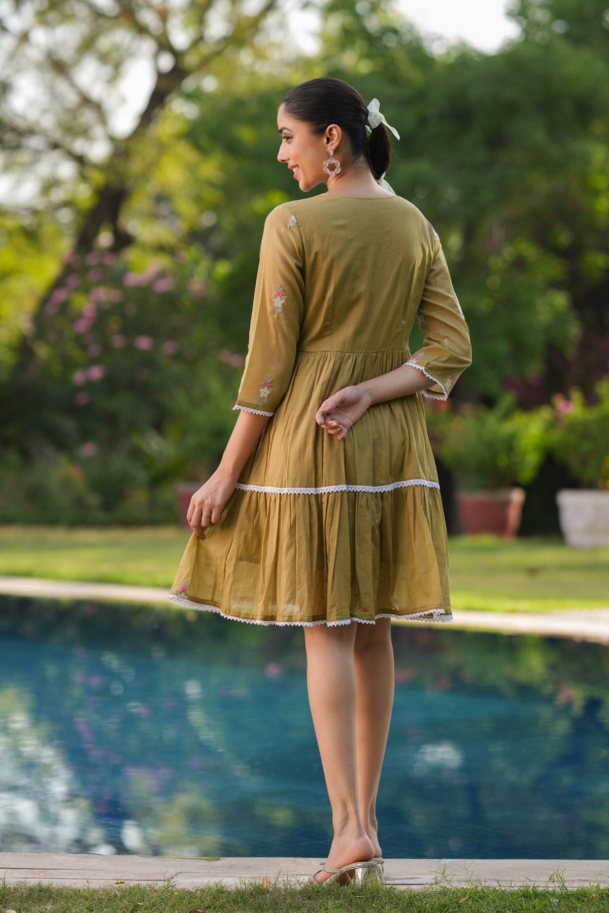 Olive Cotton Mulmul Embroidered Midi Dress