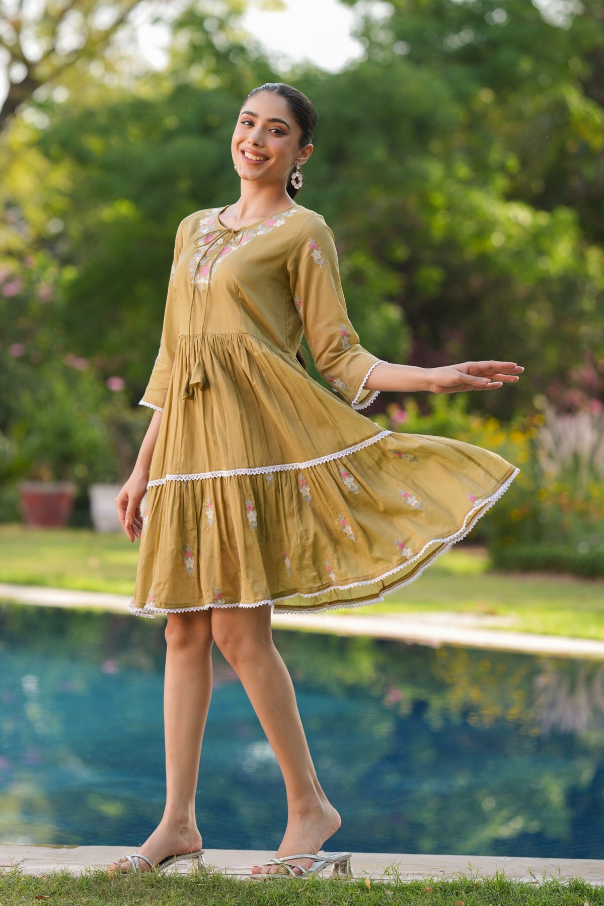Olive Cotton Mulmul Embroidered Midi Dress