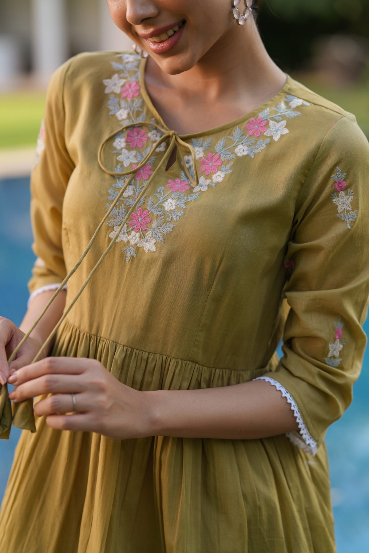 Olive Cotton Mulmul Embroidered Midi Dress