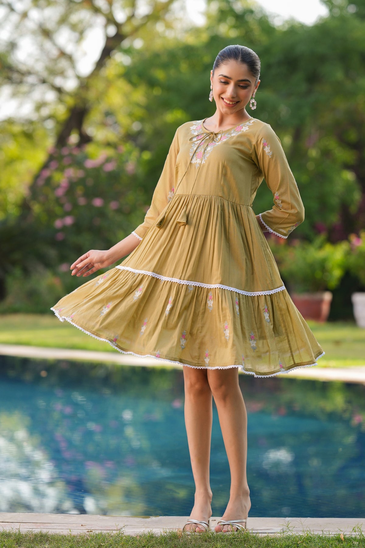 Olive Cotton Mulmul Embroidered Midi Dress