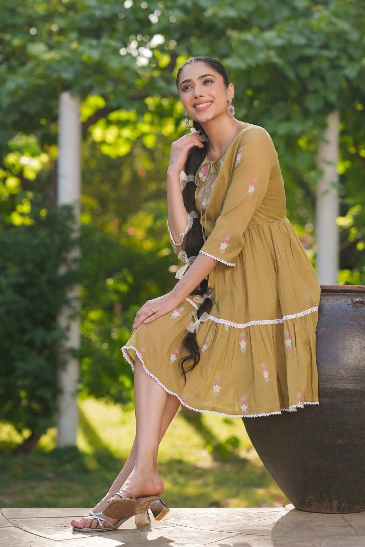Olive Cotton Mulmul Embroidered Midi Dress