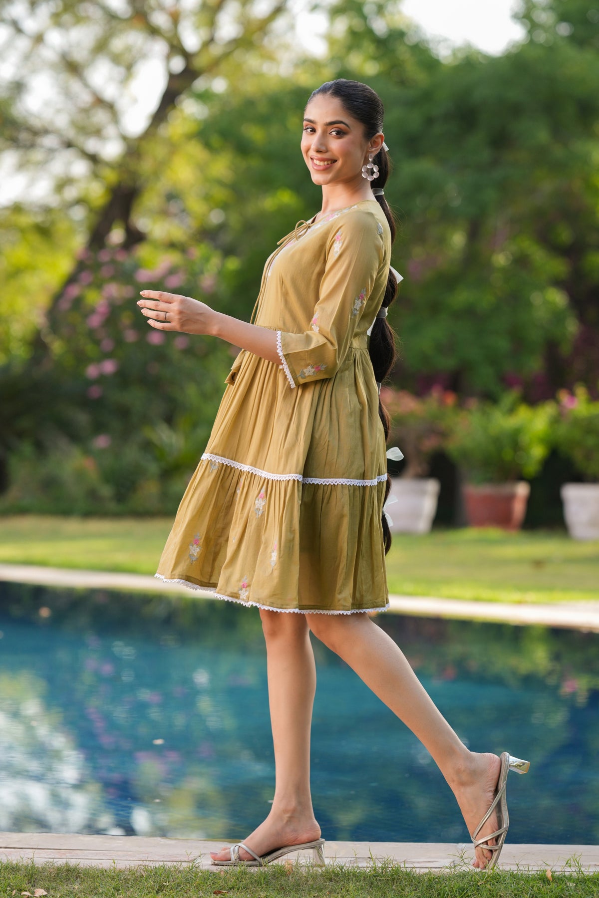 Olive Cotton Mulmul Embroidered Midi Dress