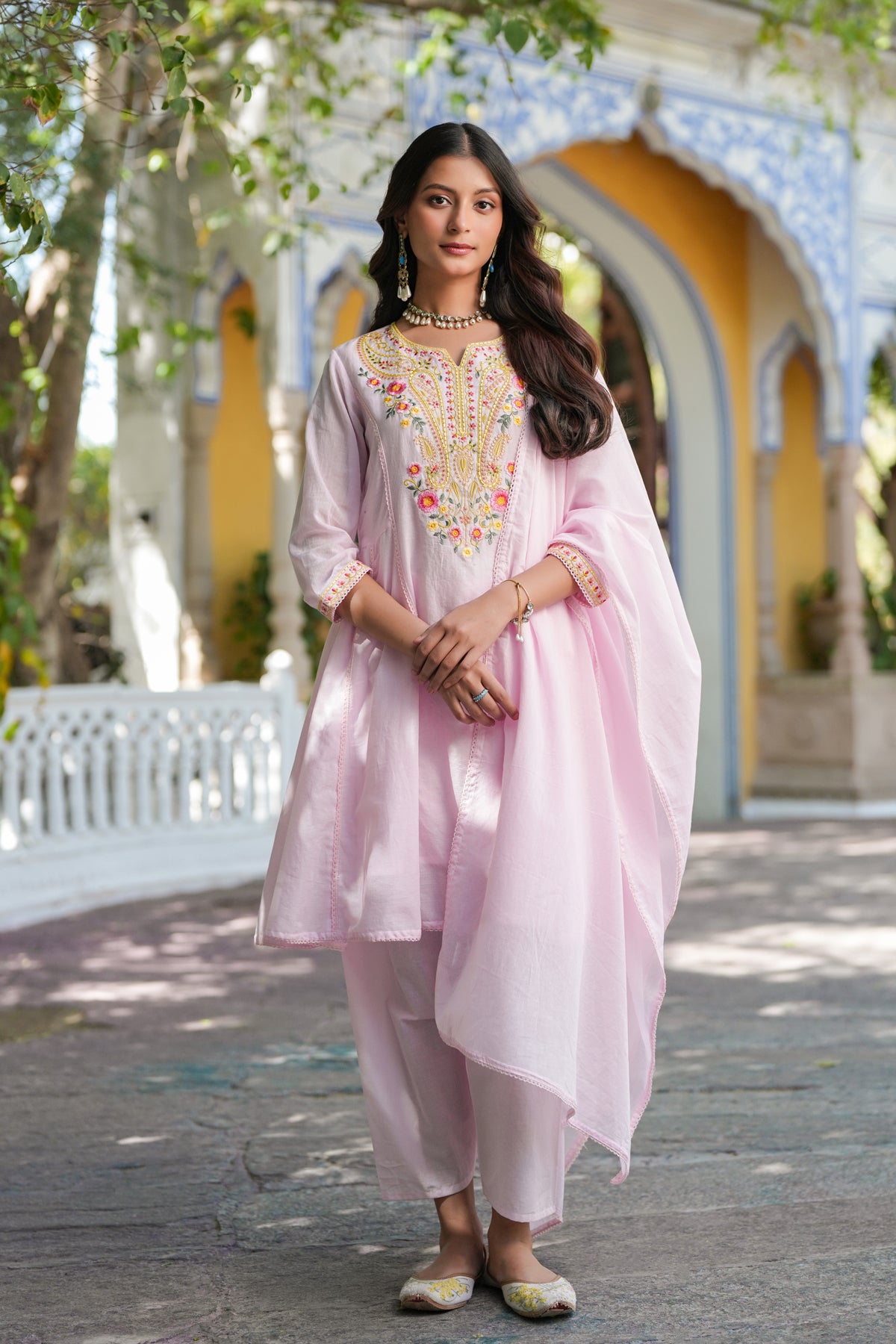 Pink Cotton Mulmul Multi-Embroidered Anarkali Set