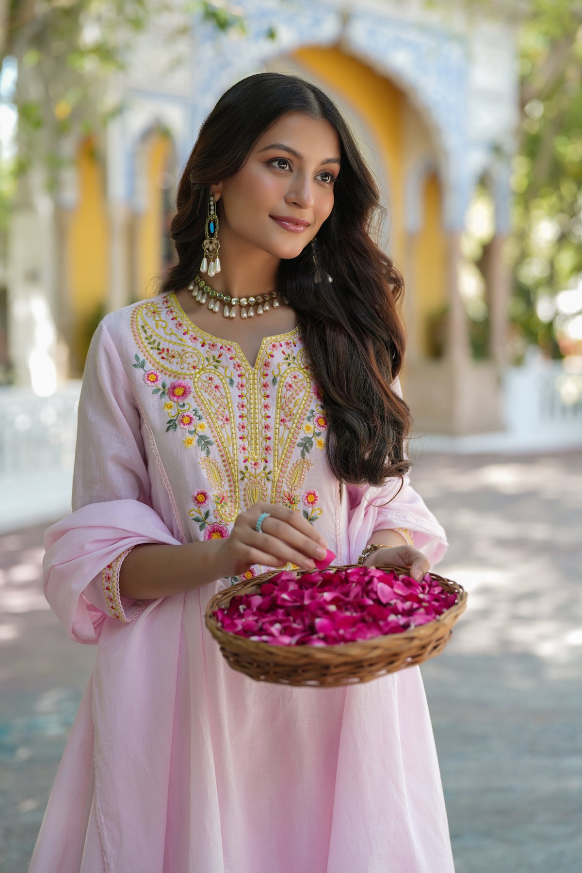 Pink Cotton Mulmul Multi-Embroidered Anarkali Set