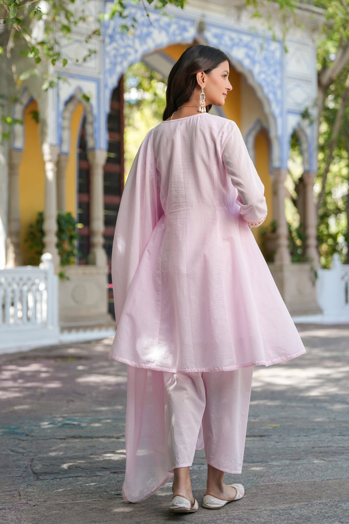 Pink Cotton Mulmul Multi-Embroidered Anarkali Set