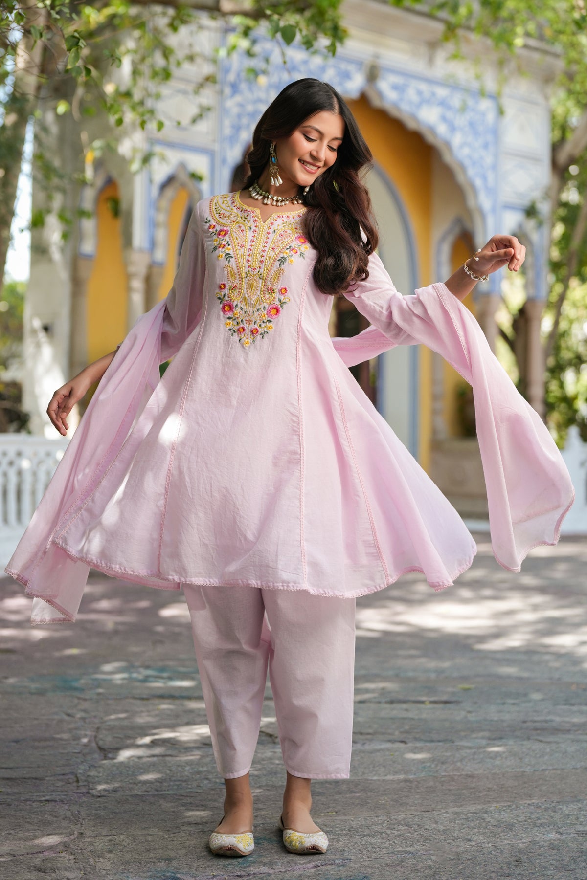 Pink Cotton Mulmul Multi-Embroidered Anarkali Set