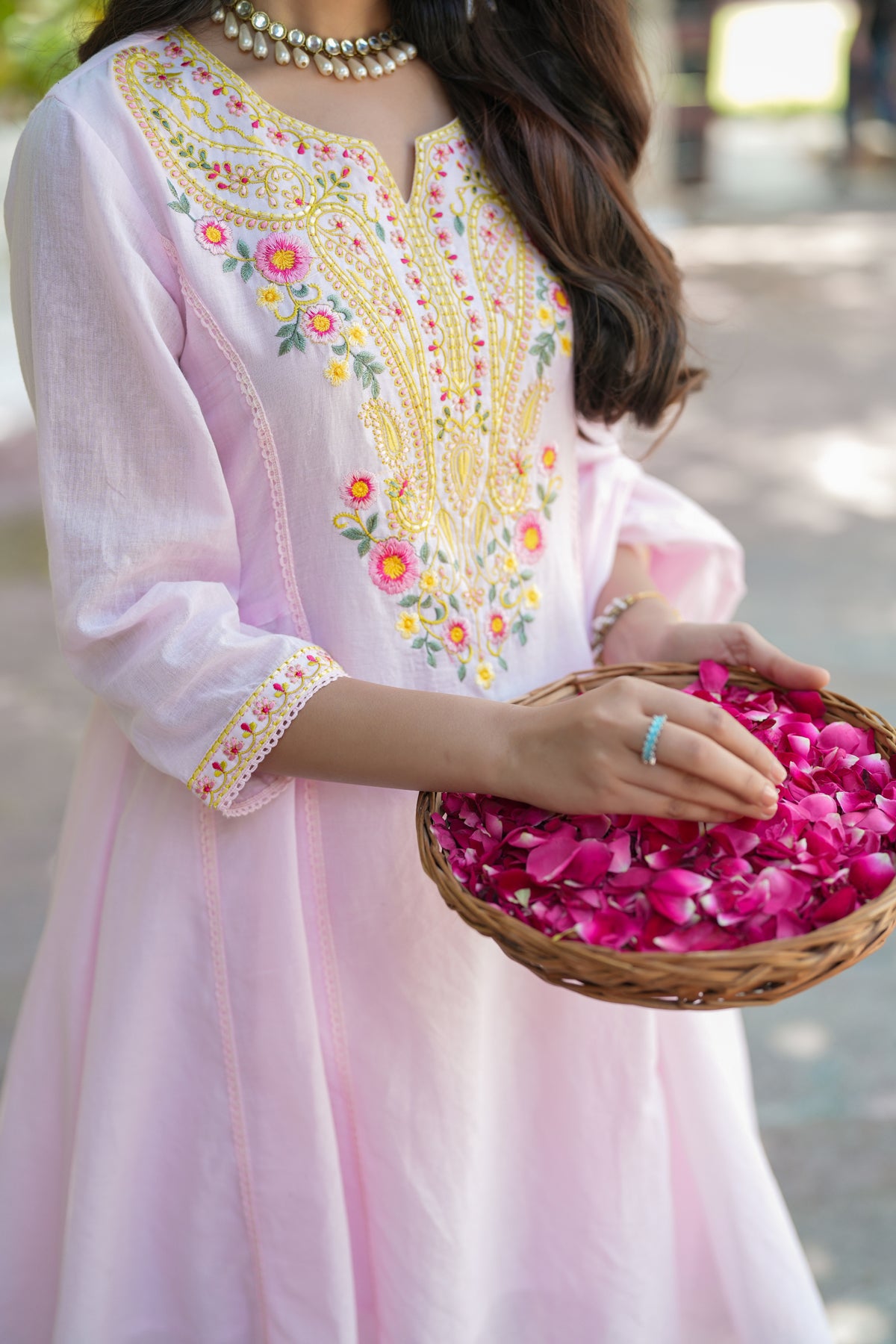 Pink Cotton Mulmul Multi-Embroidered Anarkali Set
