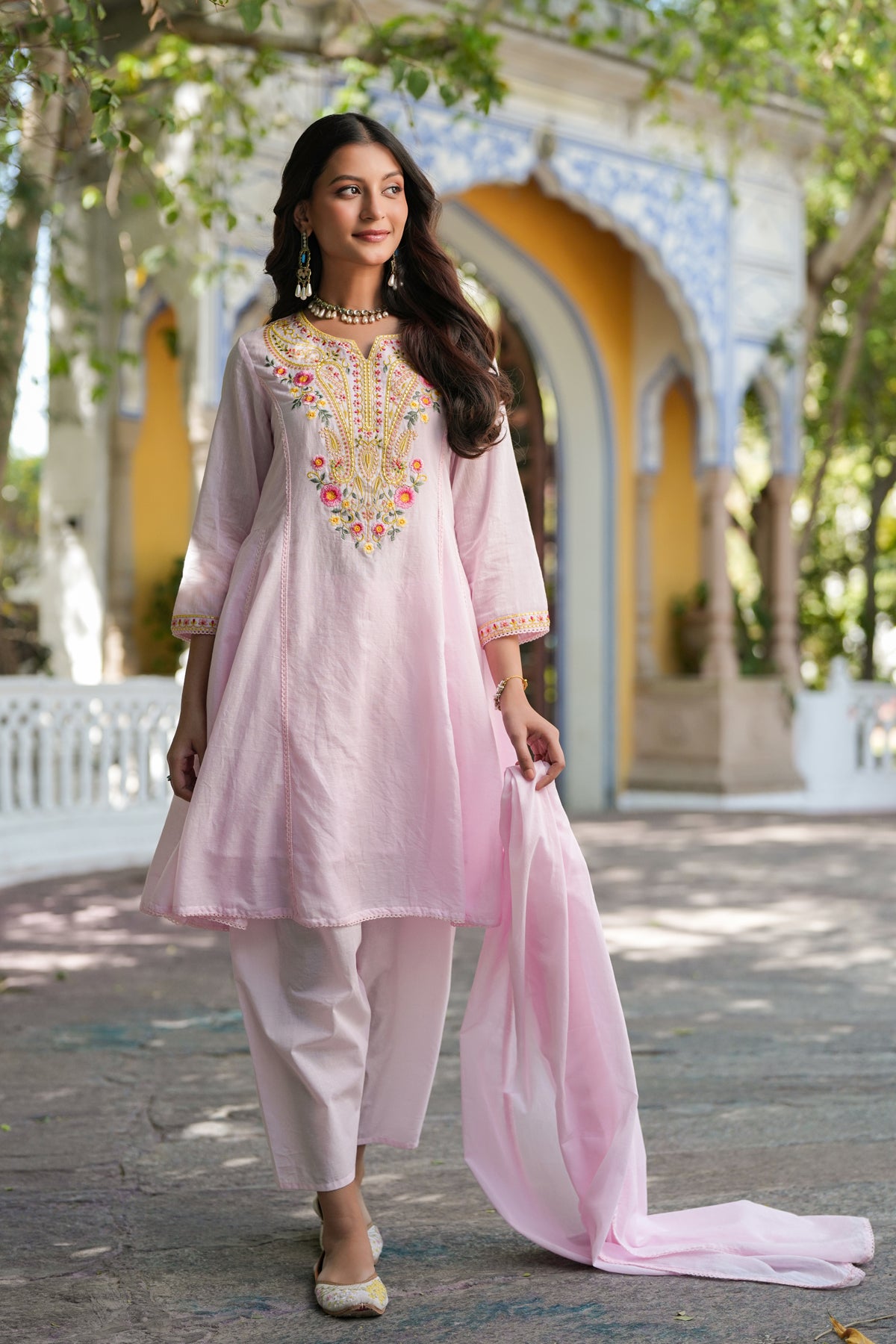 Pink Cotton Mulmul Multi-Embroidered Anarkali Set