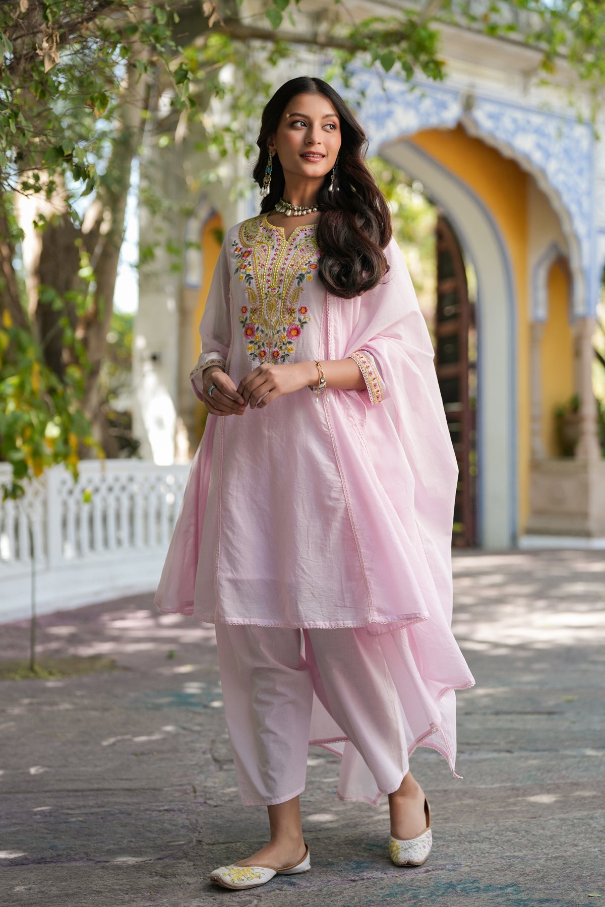 Pink Cotton Mulmul Multi-Embroidered Anarkali Set