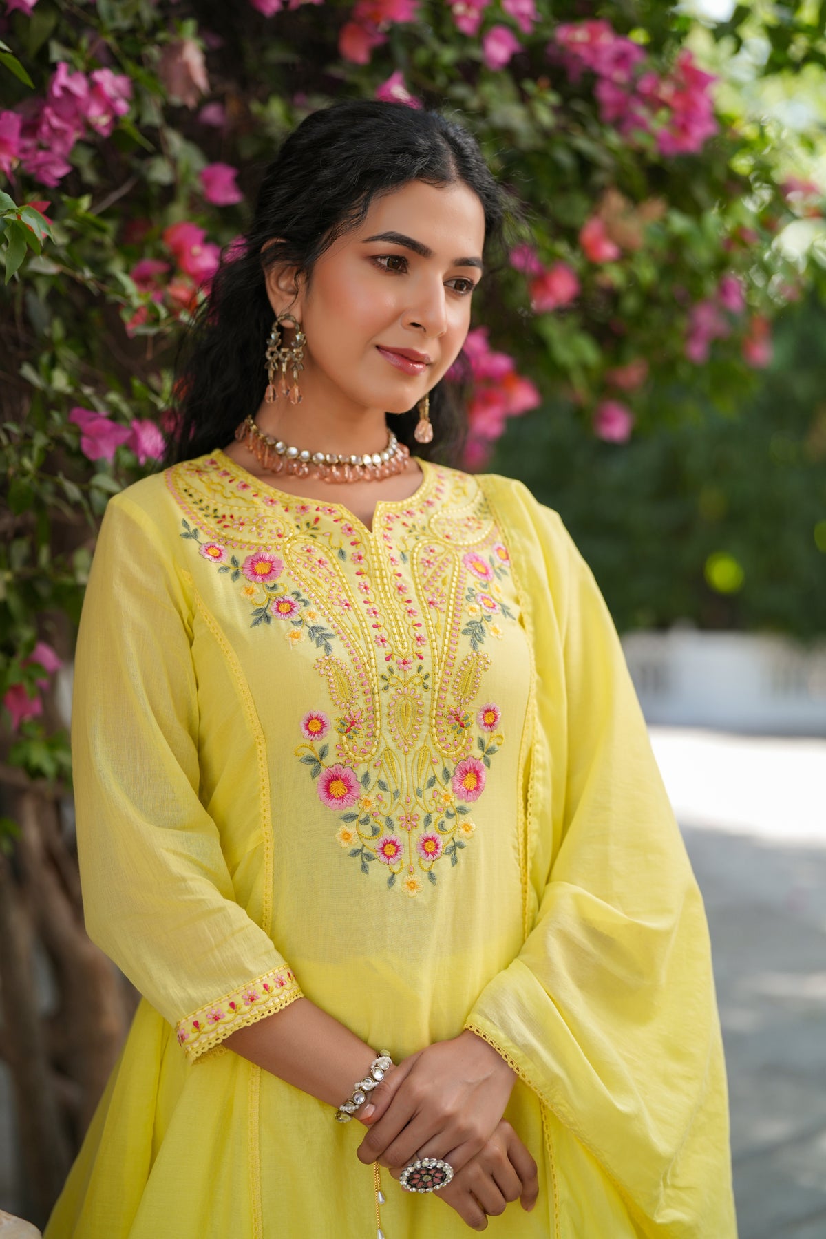 Yellow Cotton Mulmul Multi-Embroidered Anarkali Set