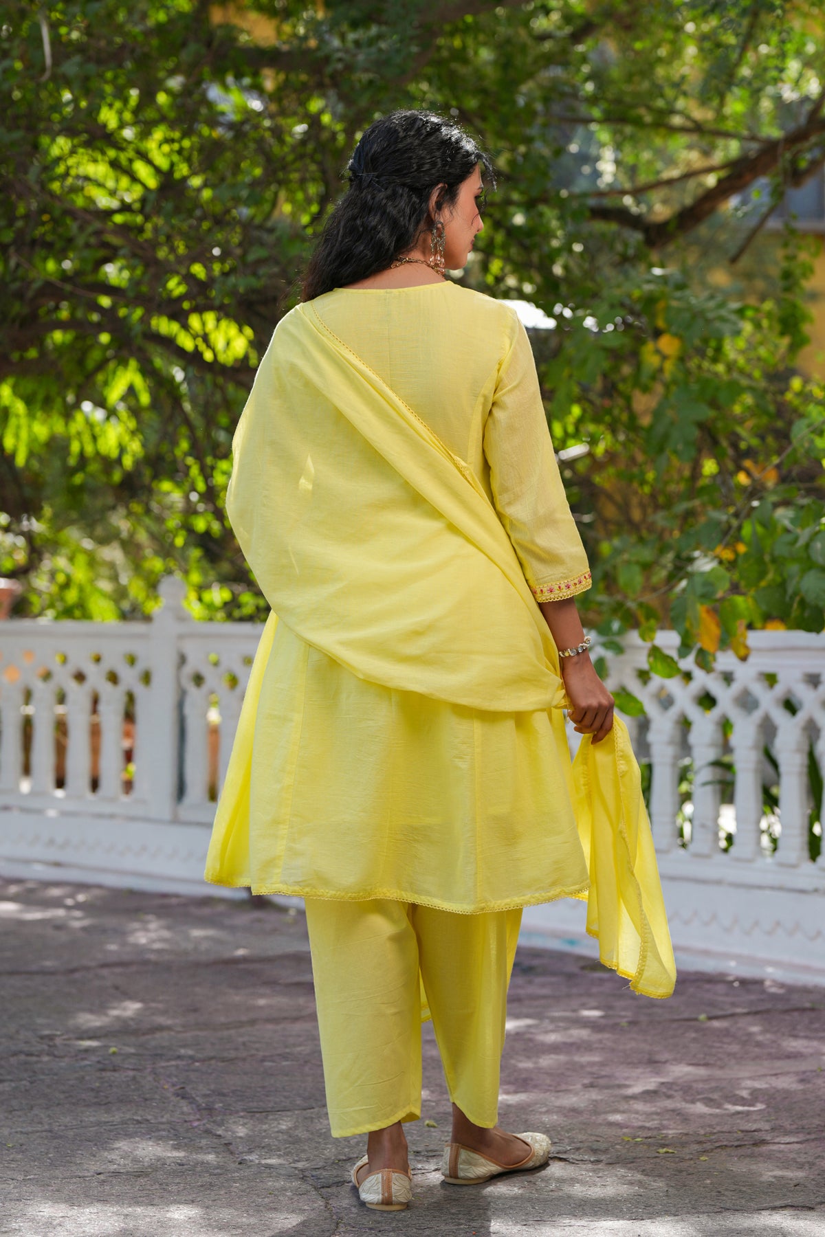 Yellow Cotton Mulmul Multi-Embroidered Anarkali Set