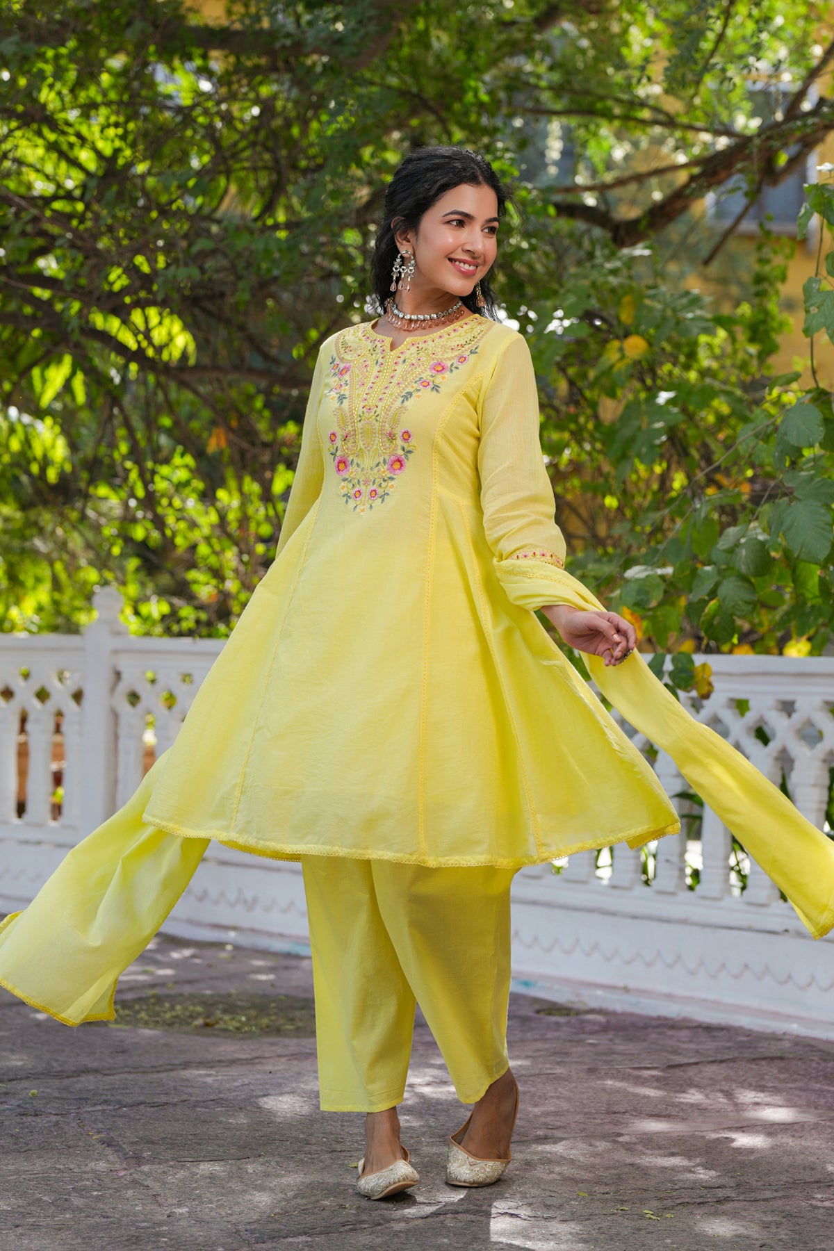Yellow Cotton Mulmul Multi-Embroidered Anarkali Set