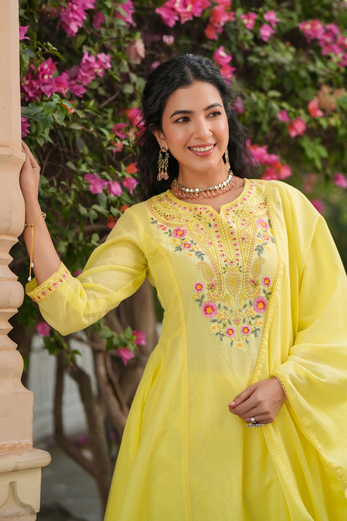 Yellow Cotton Mulmul Multi-Embroidered Anarkali Set