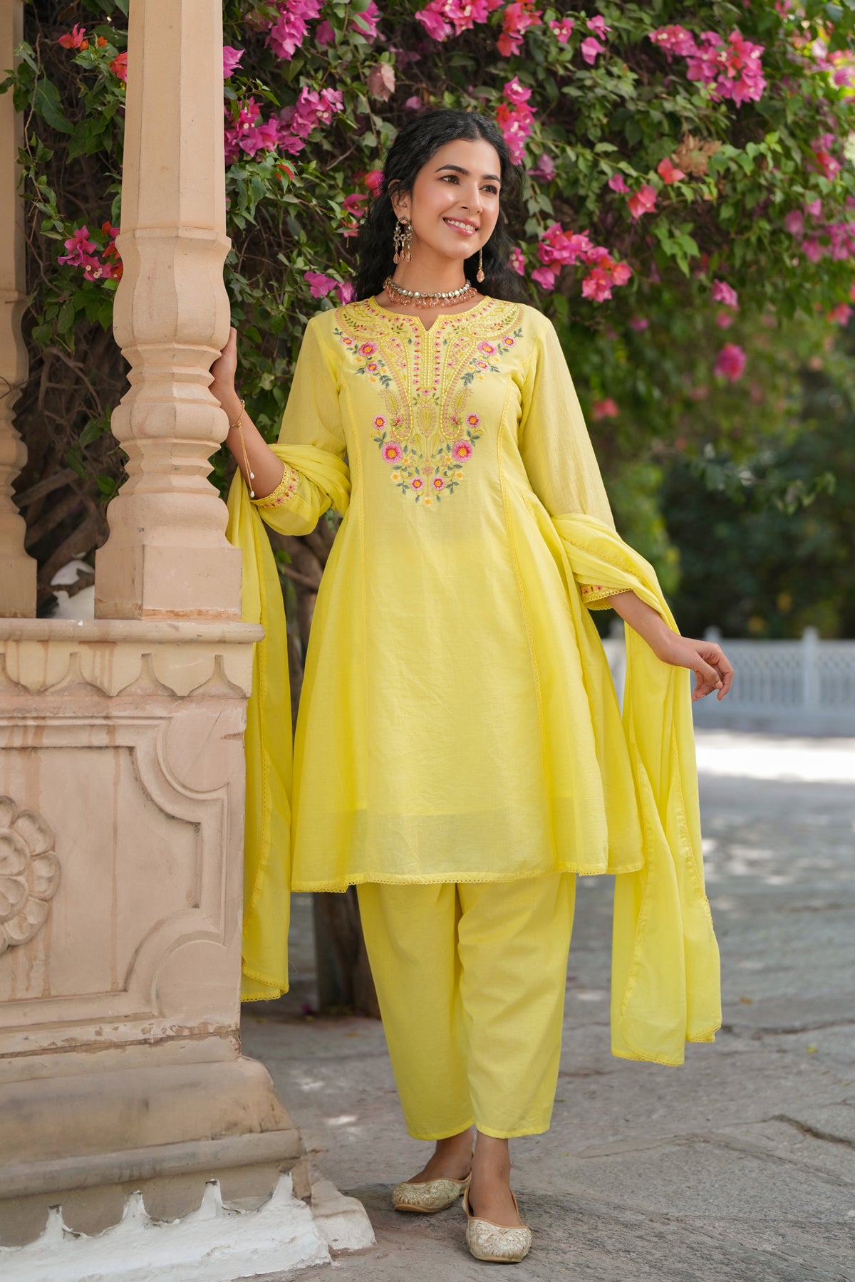 Yellow Cotton Mulmul Multi-Embroidered Anarkali Set