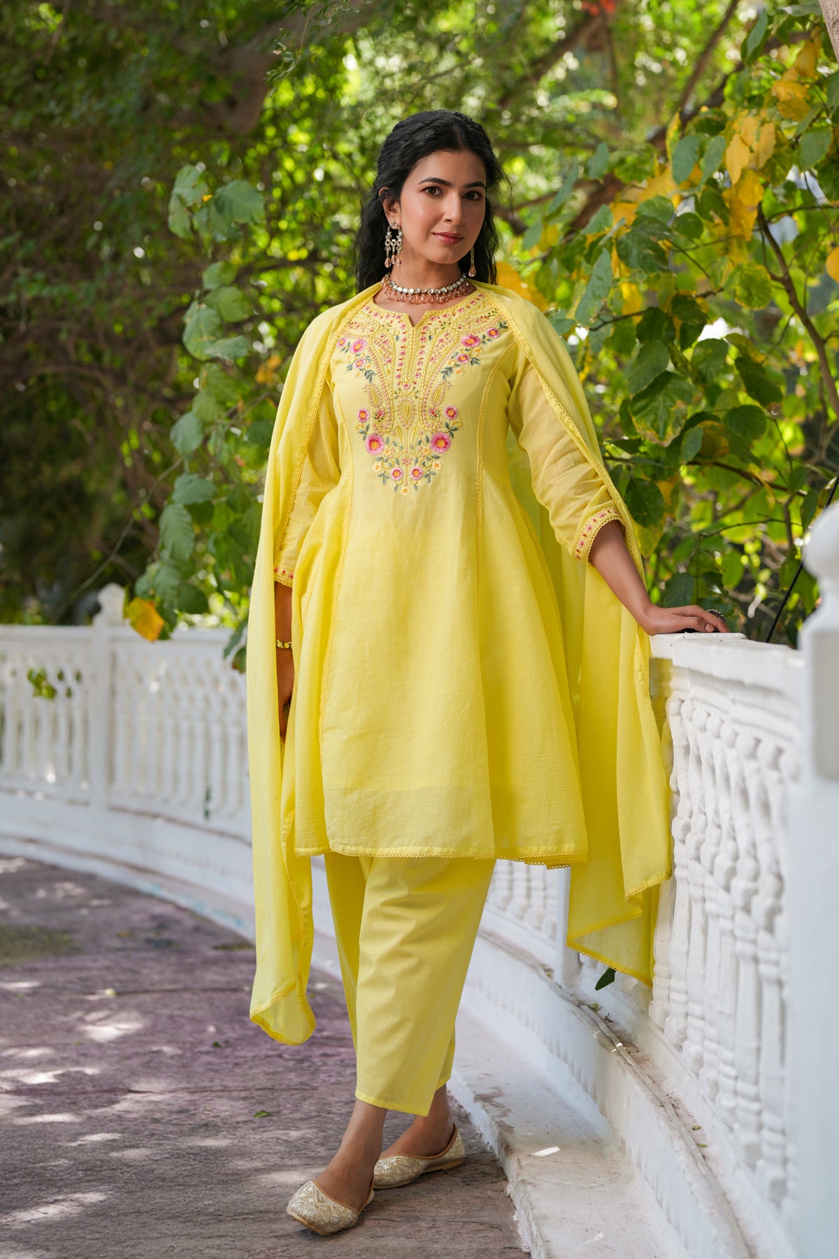 Yellow Cotton Mulmul Multi-Embroidered Anarkali Set