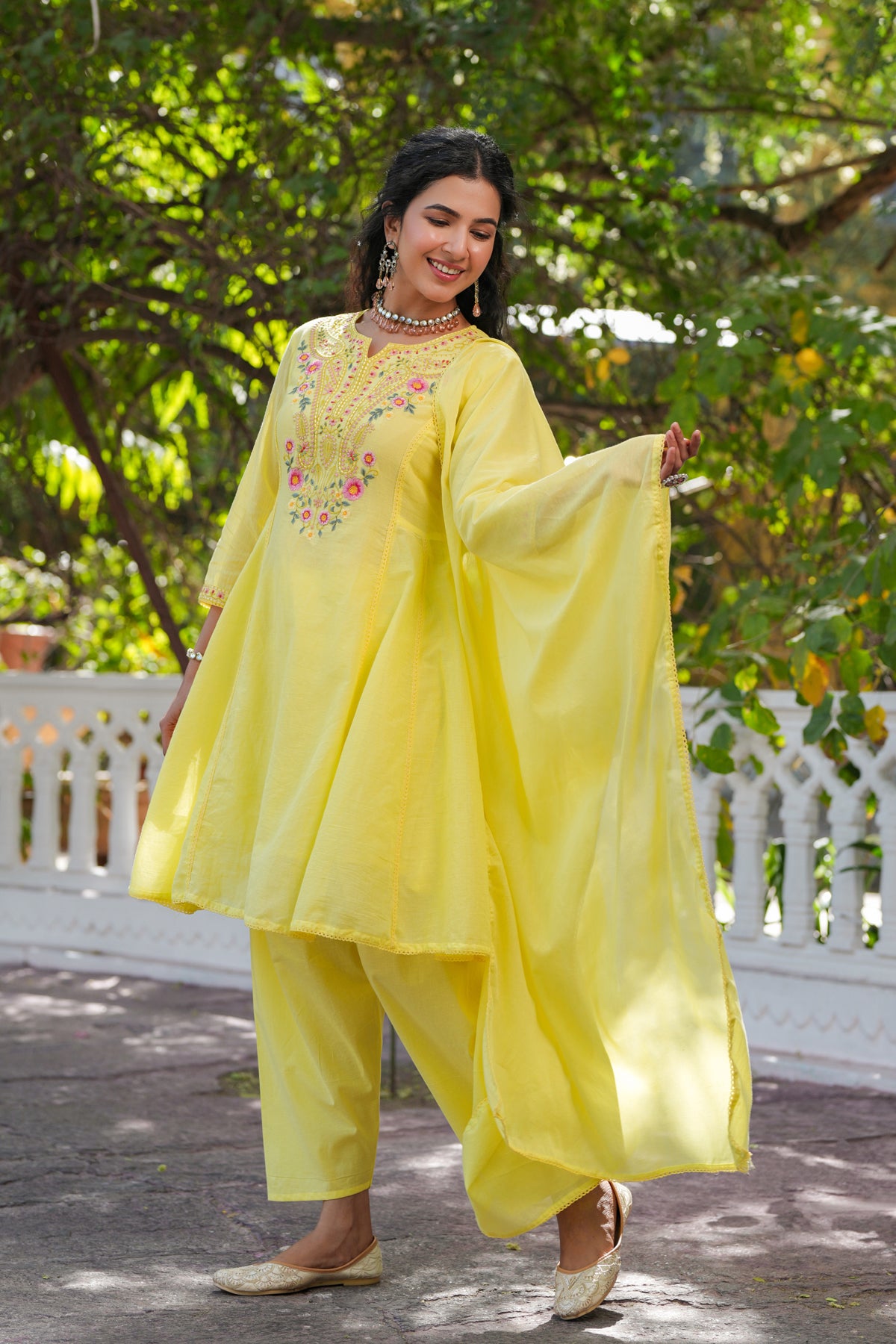 Yellow Cotton Mulmul Multi-Embroidered Anarkali Set