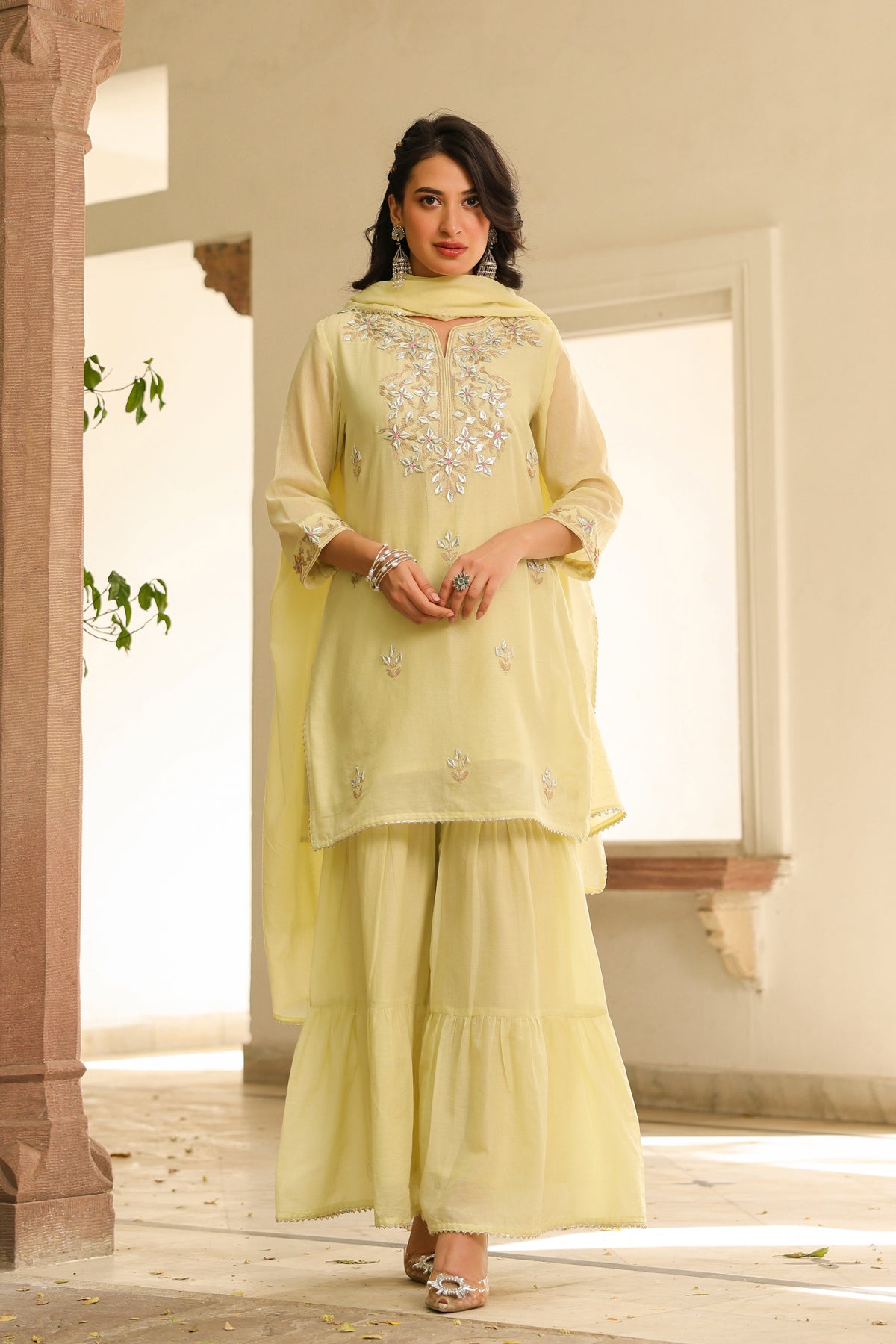 Lime green Mulmul Gota Patti Embroidered Sharara Set