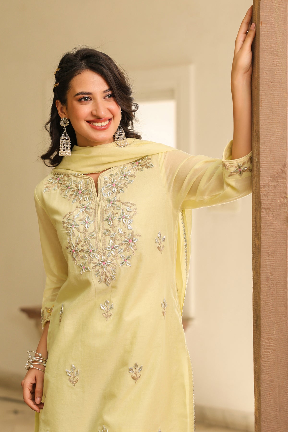 Lime green Mulmul Gota Patti Embroidered Sharara Set