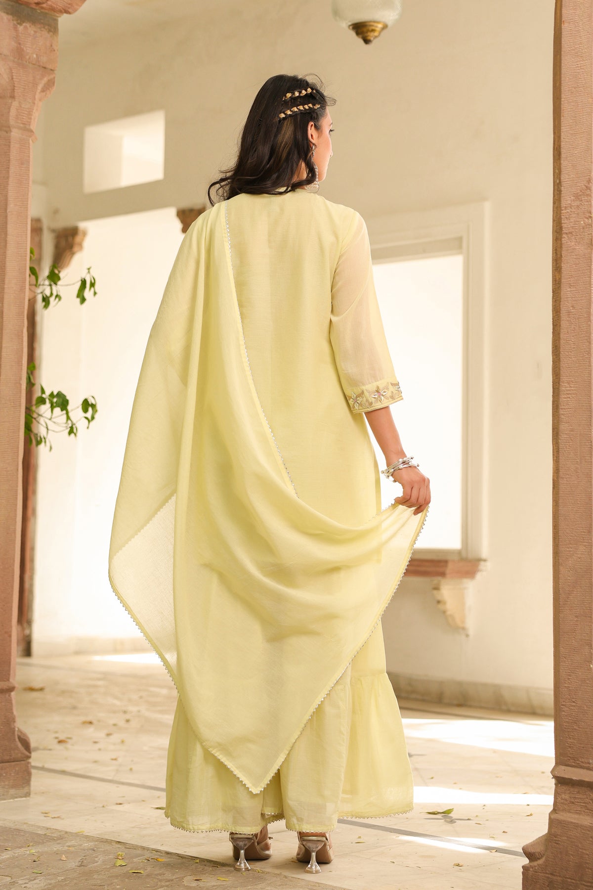 Lime green Mulmul Gota Patti Embroidered Sharara Set