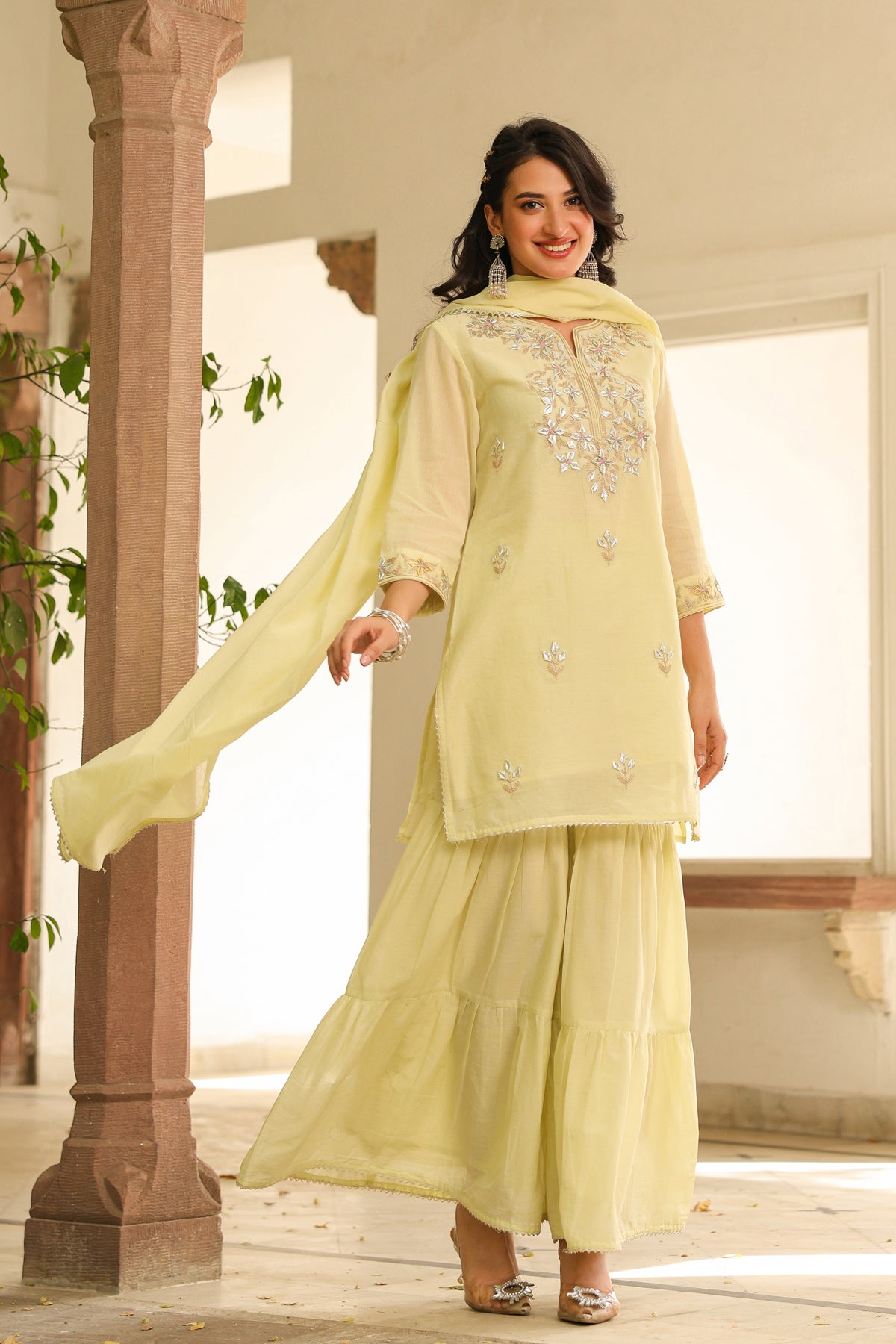Lime green Mulmul Gota Patti Embroidered Sharara Set