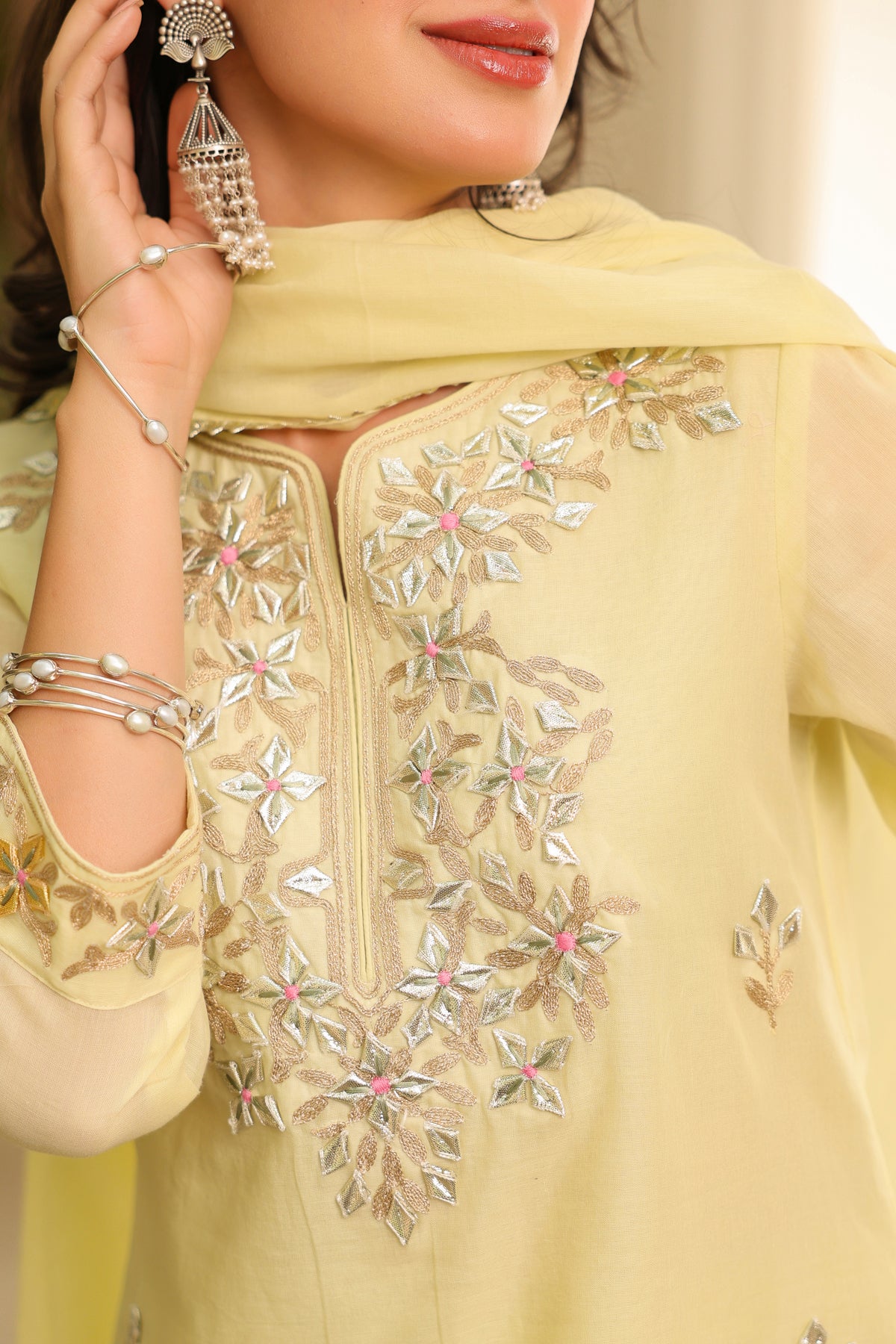 Lime green Mulmul Gota Patti Embroidered Sharara Set