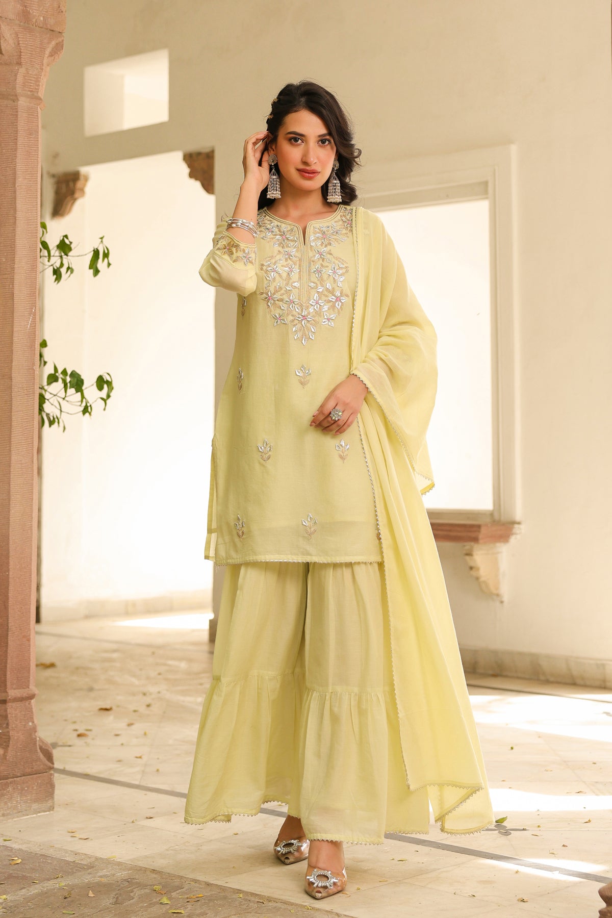 Lime green Mulmul Gota Patti Embroidered Sharara Set
