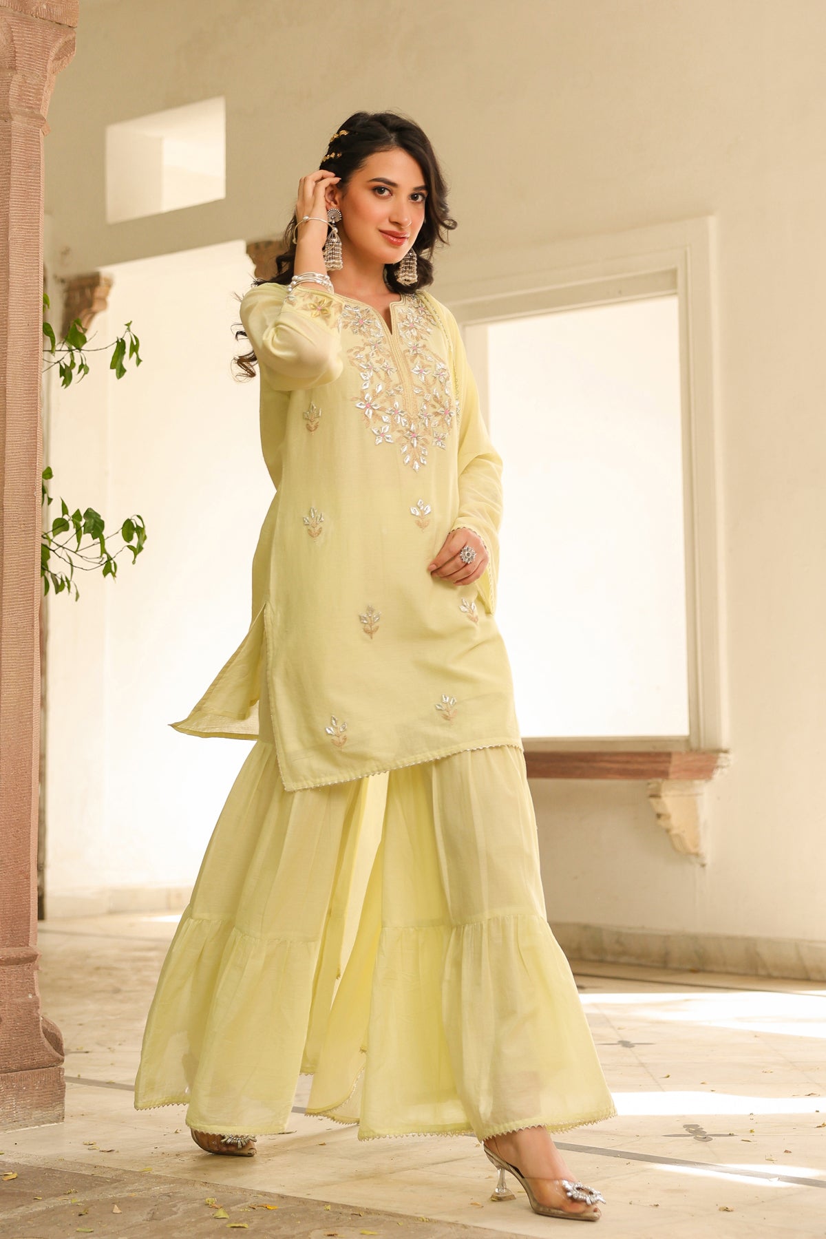 Lime green Mulmul Gota Patti Embroidered Sharara Set