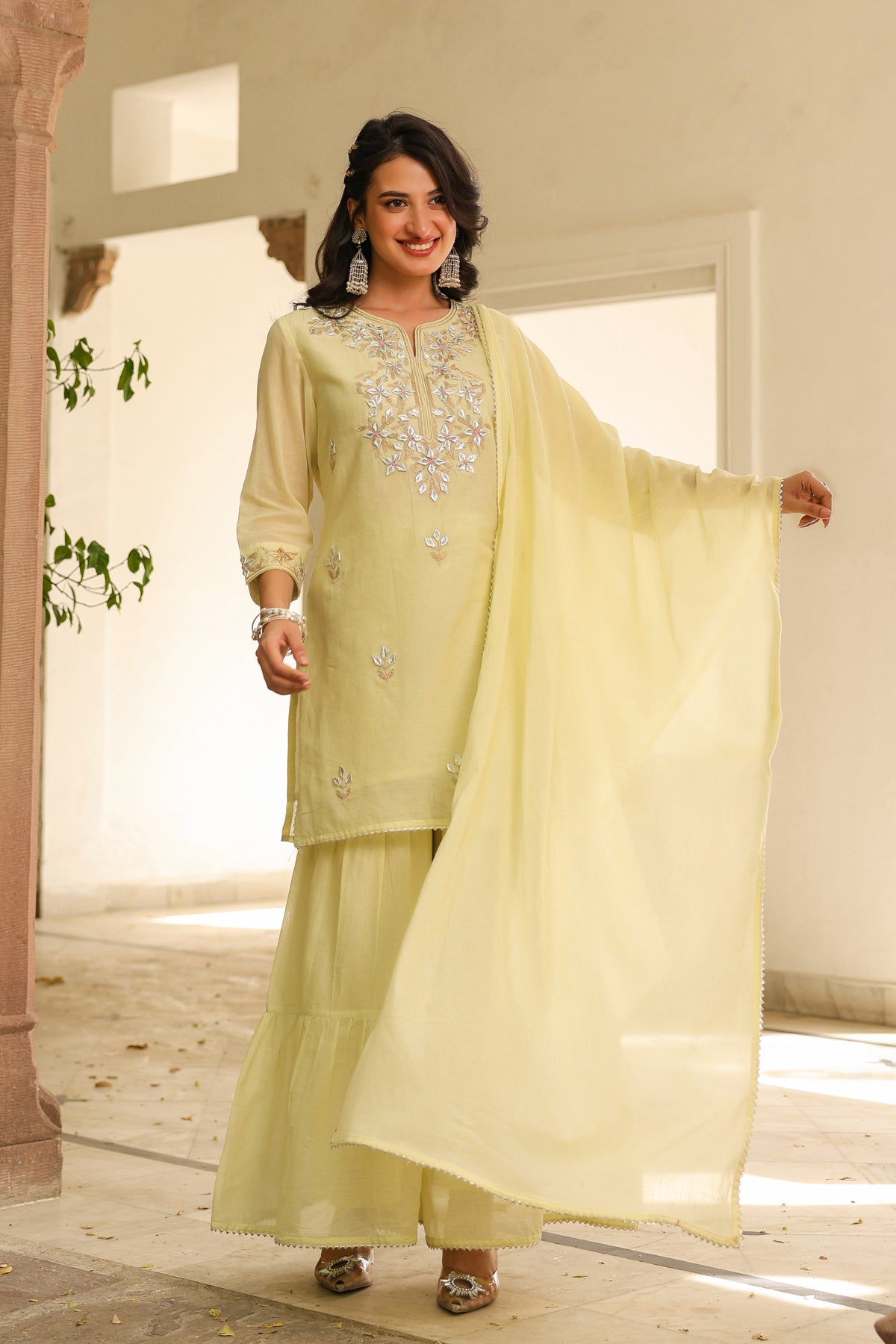 Lime green Mulmul Gota Patti Embroidered Sharara Set