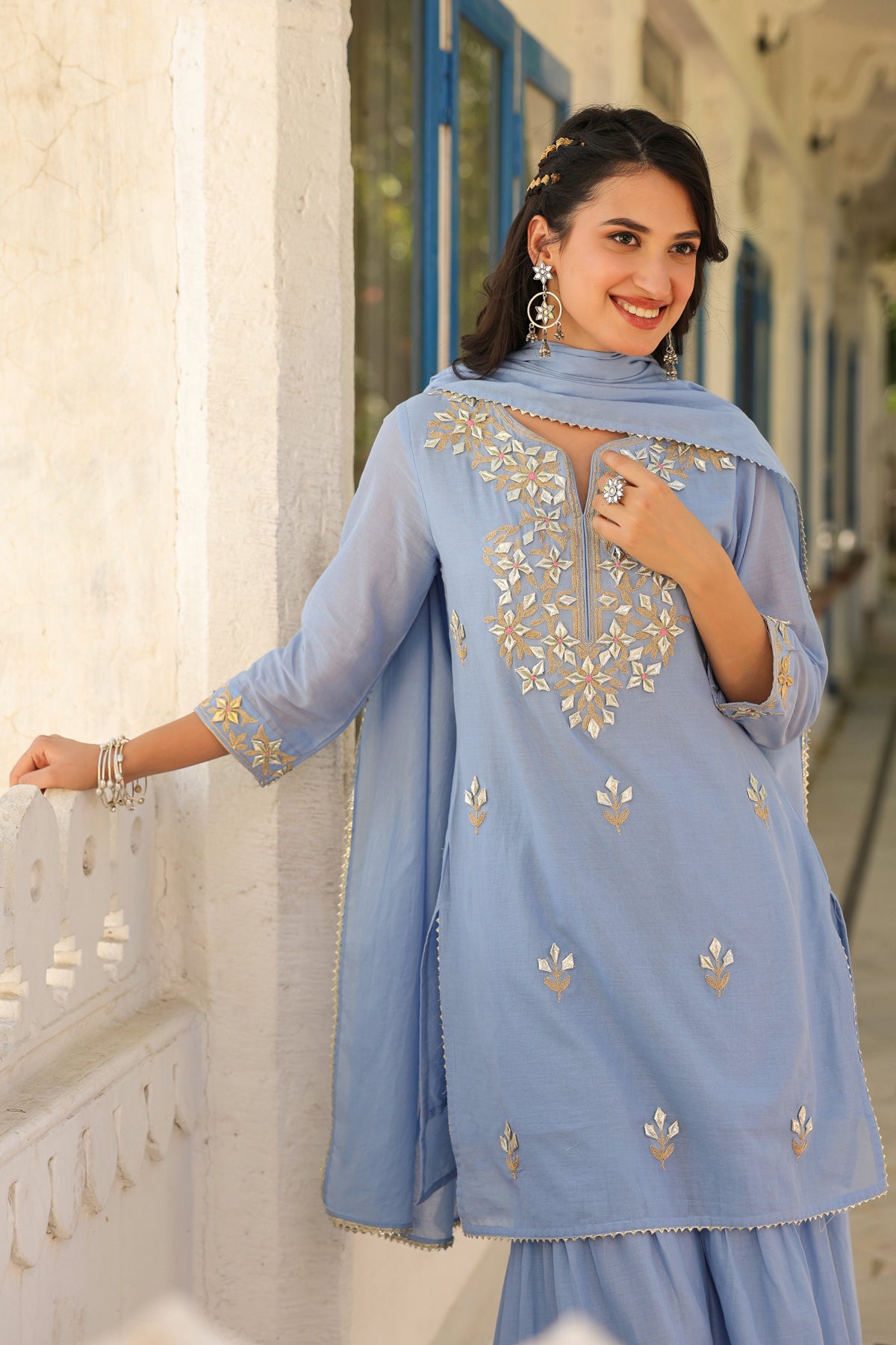 Powder blue Mulmul Gota Patti Embroidered Sharara Set