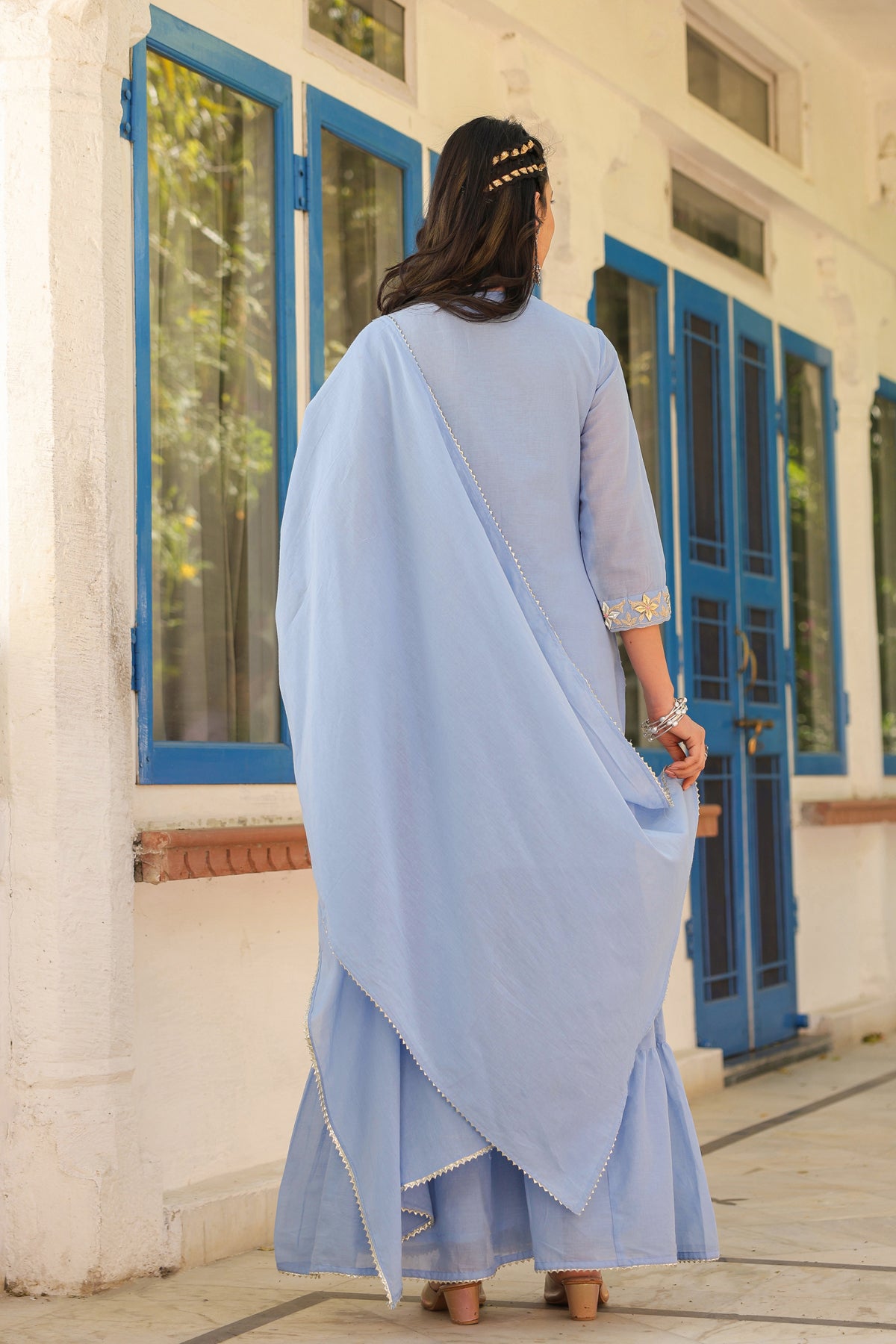 Powder blue Mulmul Gota Patti Embroidered Sharara Set