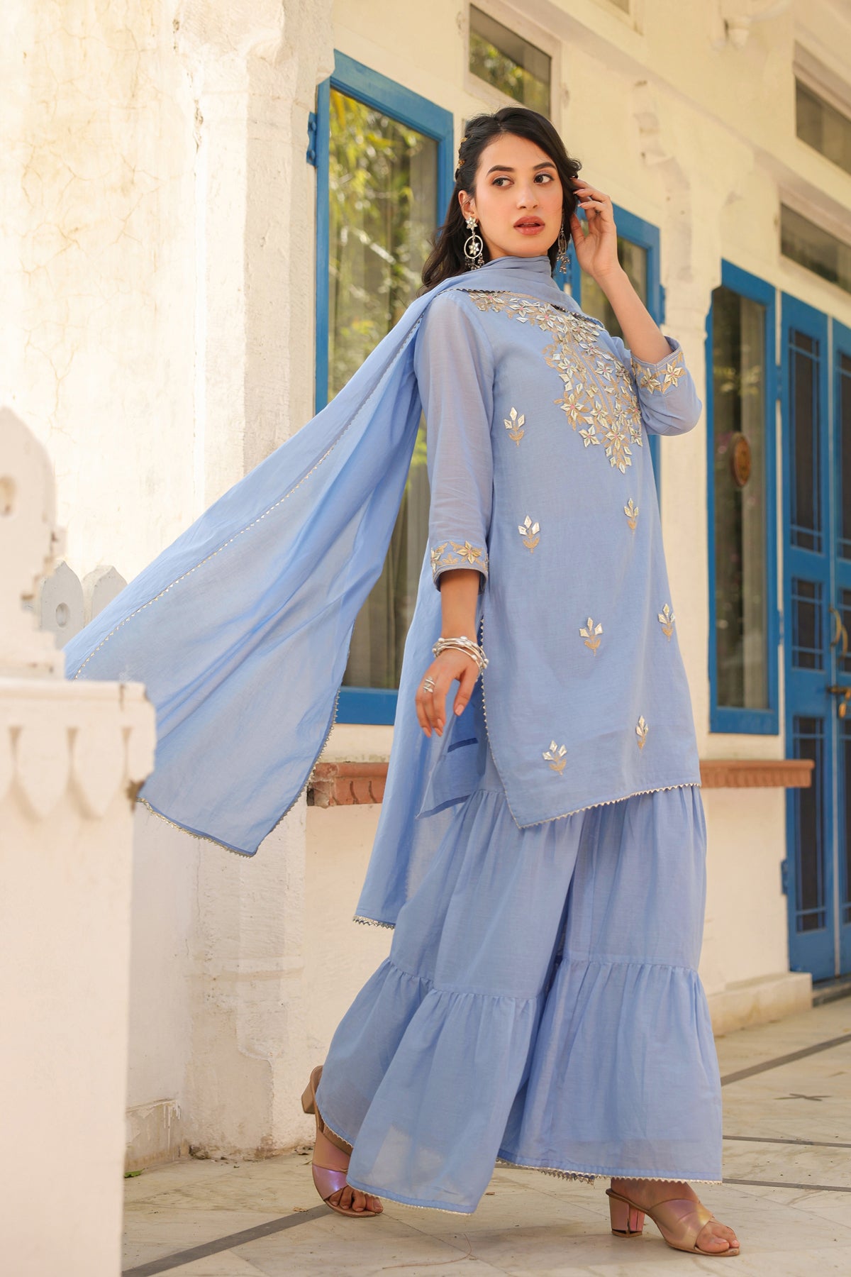 Powder blue Mulmul Gota Patti Embroidered Sharara Set