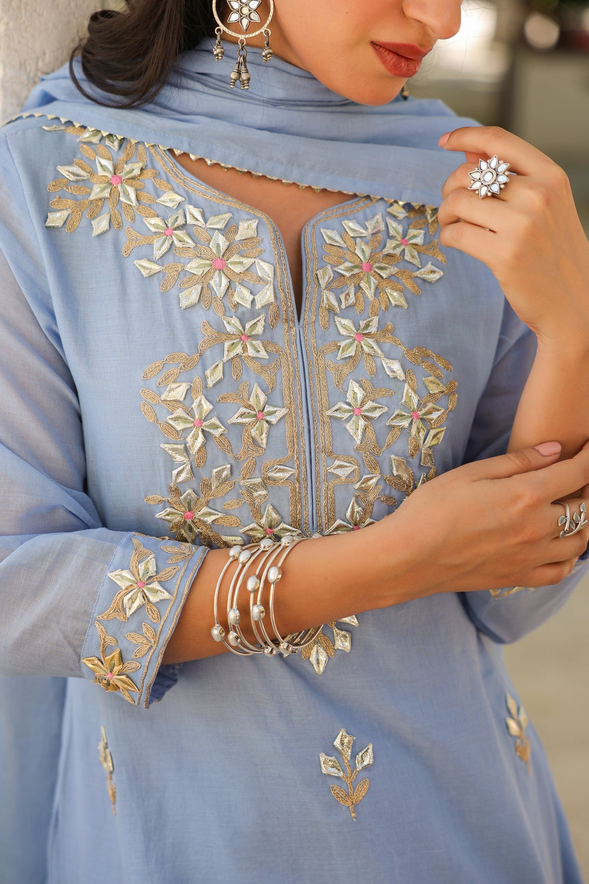 Powder blue Mulmul Gota Patti Embroidered Sharara Set