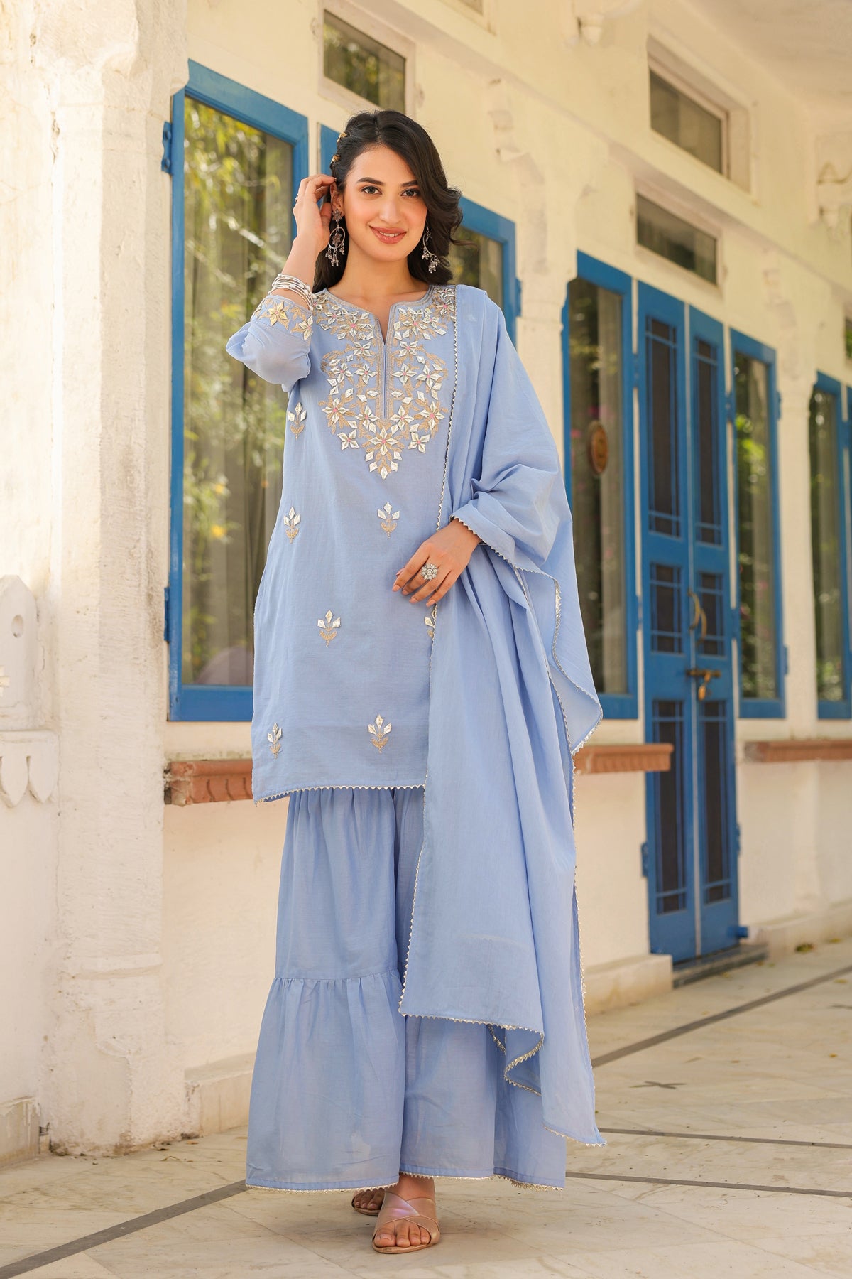 Powder blue Mulmul Gota Patti Embroidered Sharara Set