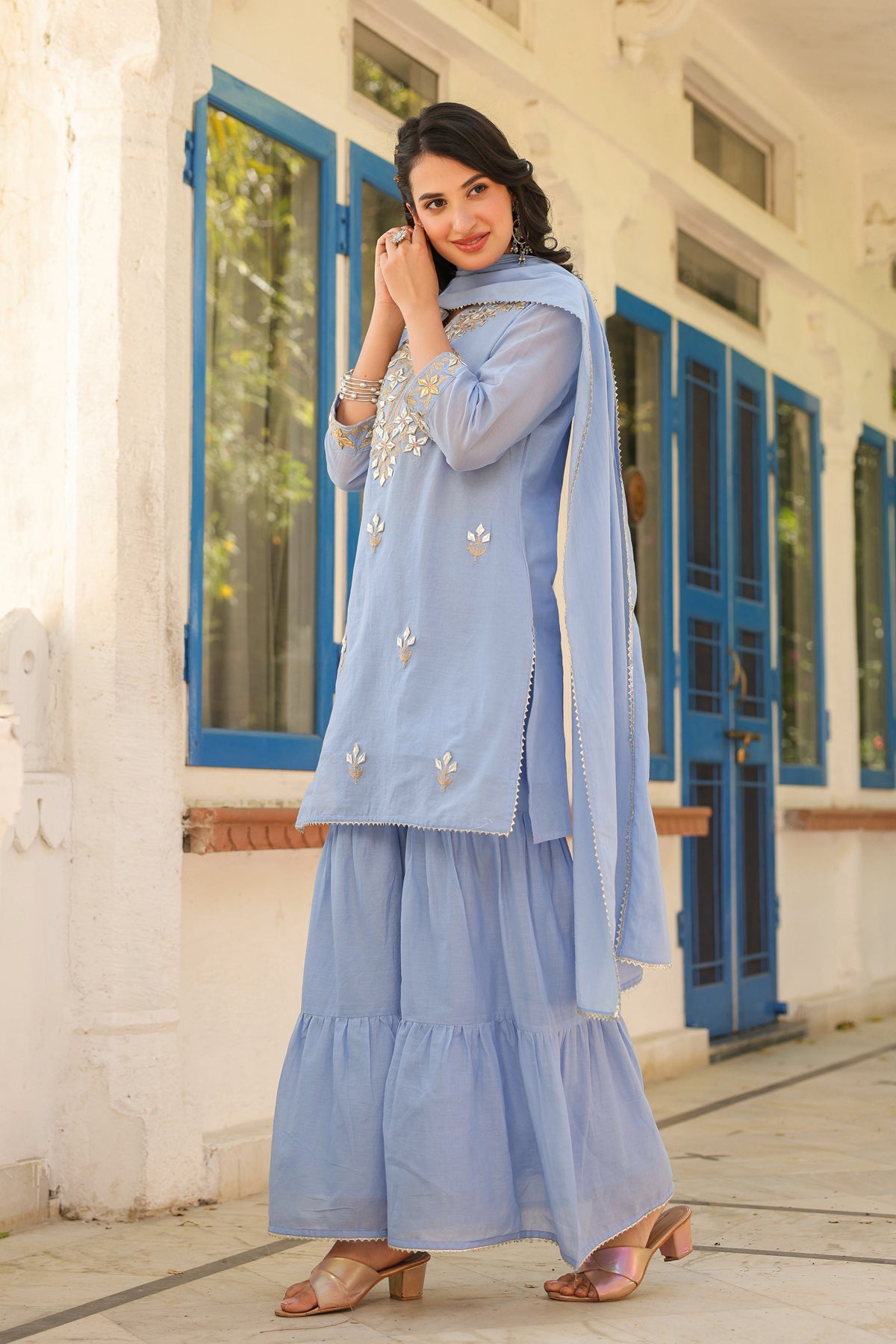 Powder blue Mulmul Gota Patti Embroidered Sharara Set