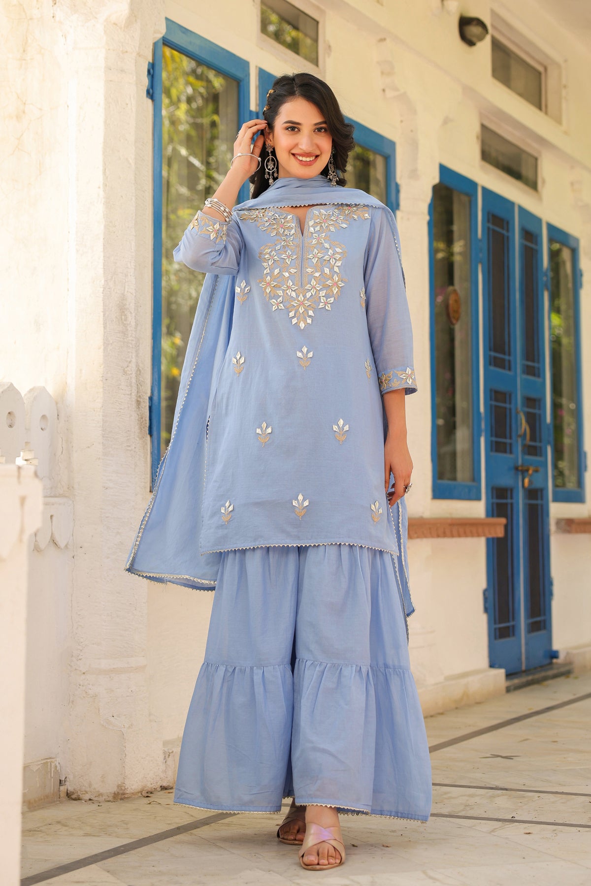 Powder blue Mulmul Gota Patti Embroidered Sharara Set