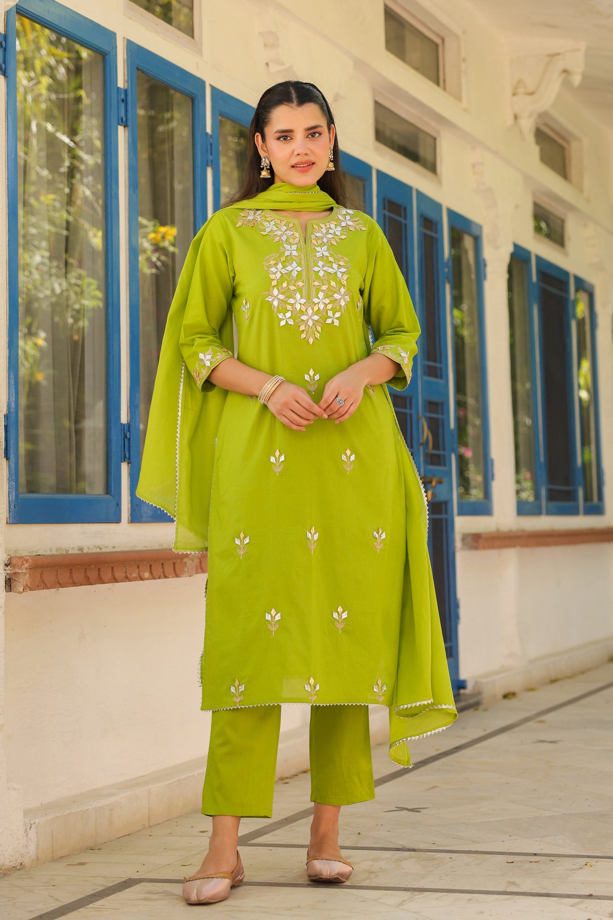 Green Cotton Cambric Gota Patti Embroidered Straight Suit Set
