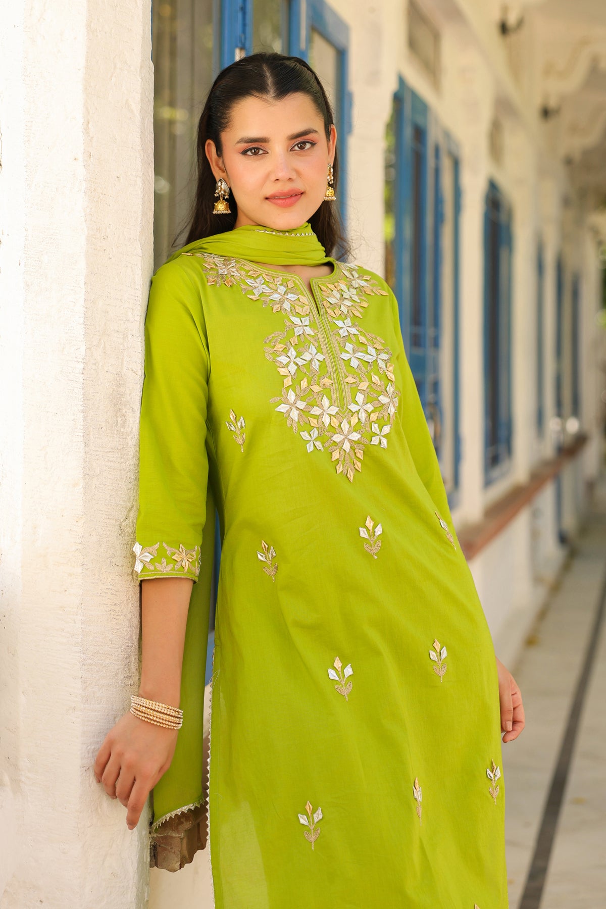 Green Cotton Cambric Gota Patti Embroidered Straight Suit Set