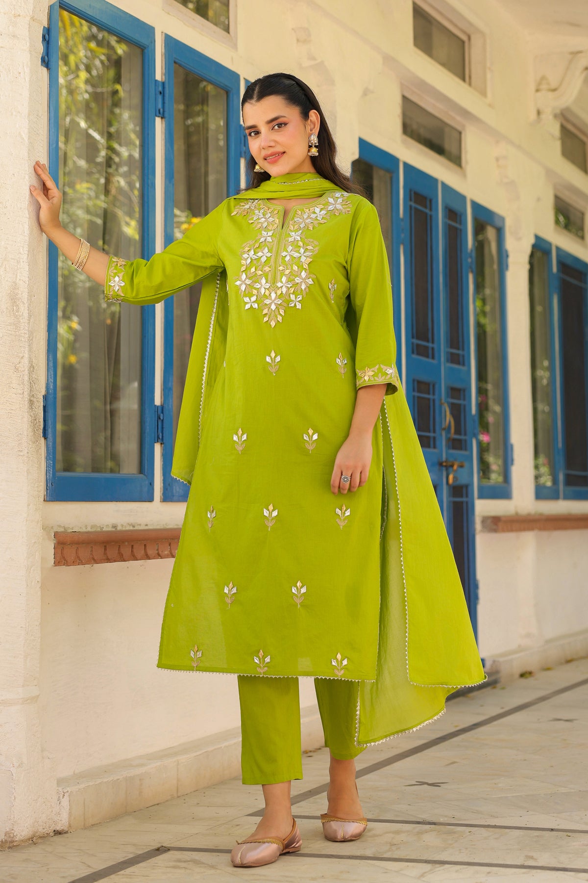 Green Cotton Cambric Gota Patti Embroidered Straight Suit Set