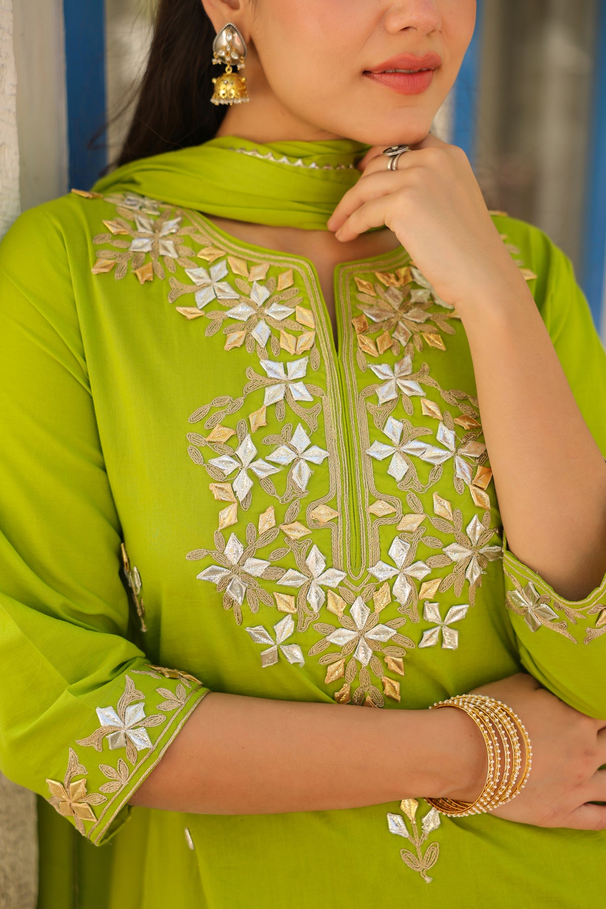 Green Cotton Cambric Gota Patti Embroidered Straight Suit Set