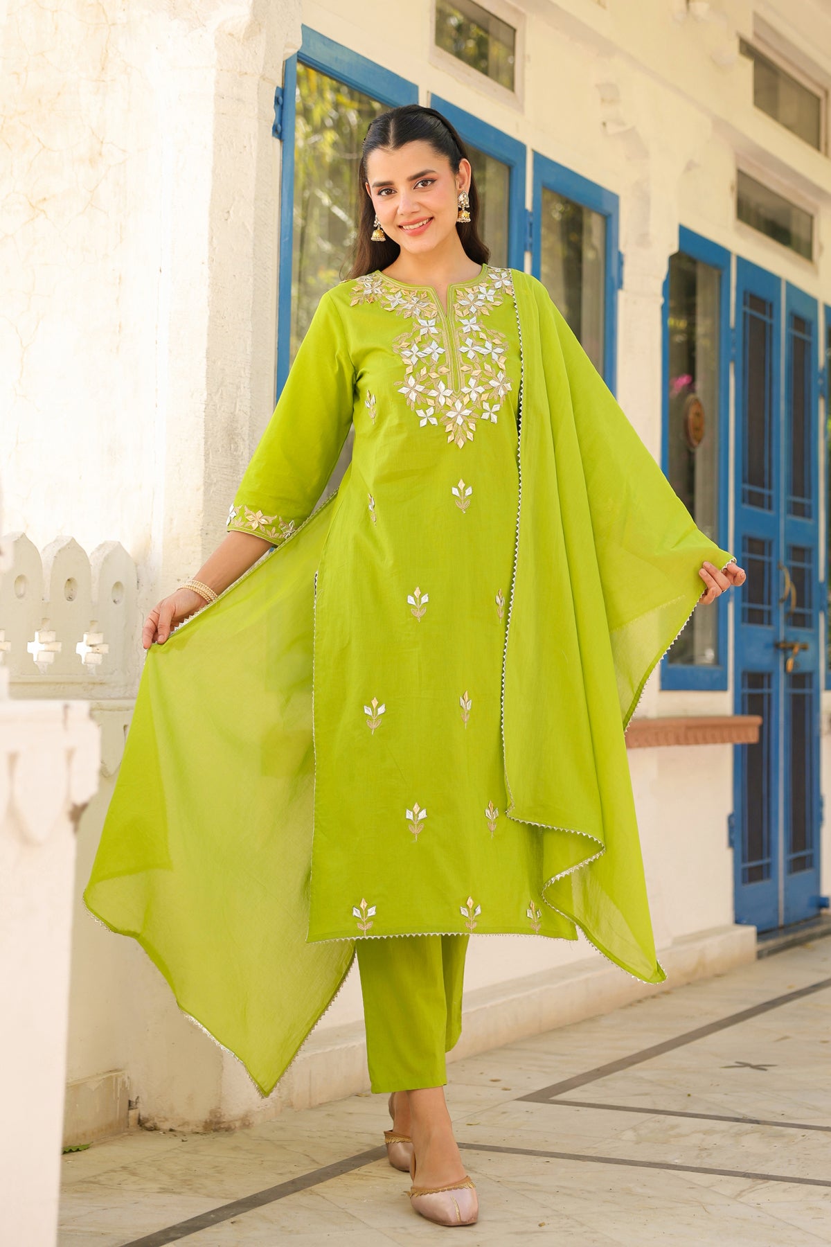 Green Cotton Cambric Gota Patti Embroidered Straight Suit Set