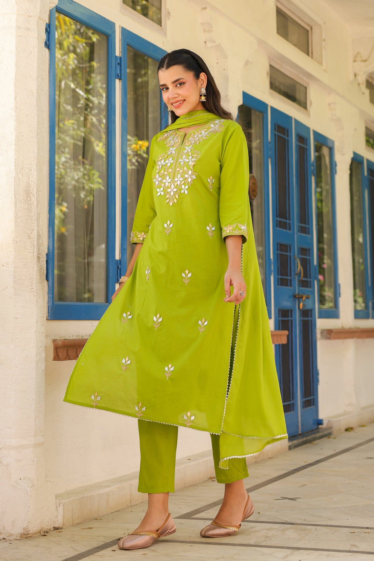 Green Cotton Cambric Gota Patti Embroidered Straight Suit Set