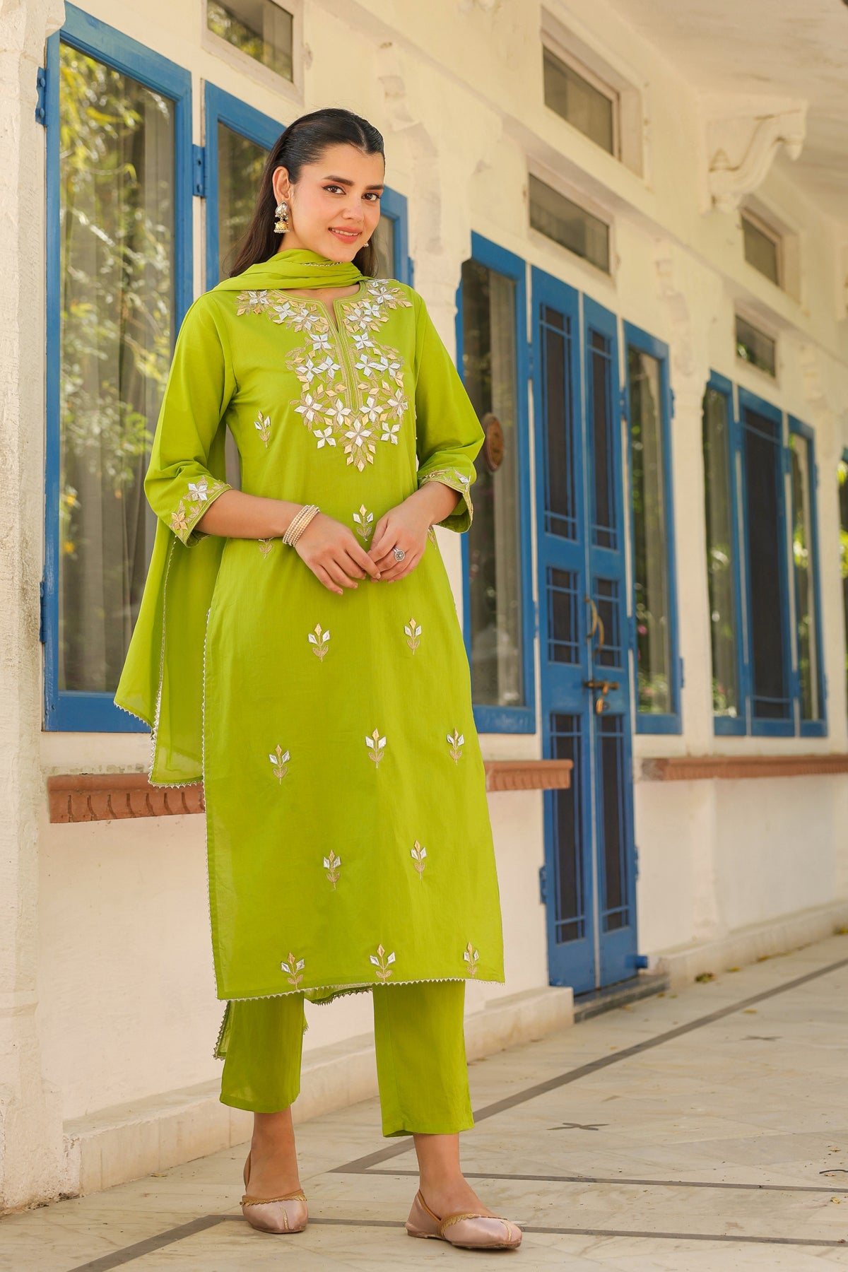 Green Cotton Cambric Gota Patti Embroidered Straight Suit Set